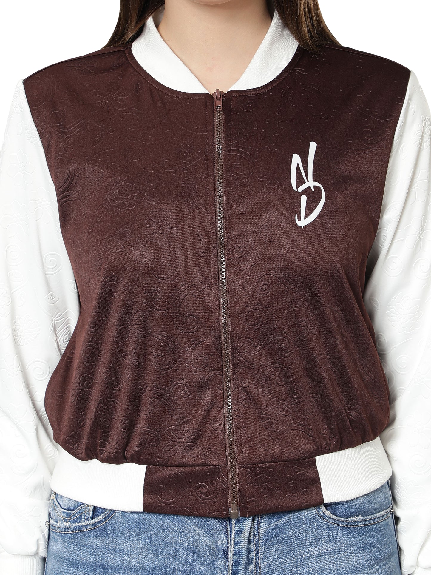 NUEVOSDAMAS Women Brown Floral Embossed Printed Varsity Jacket