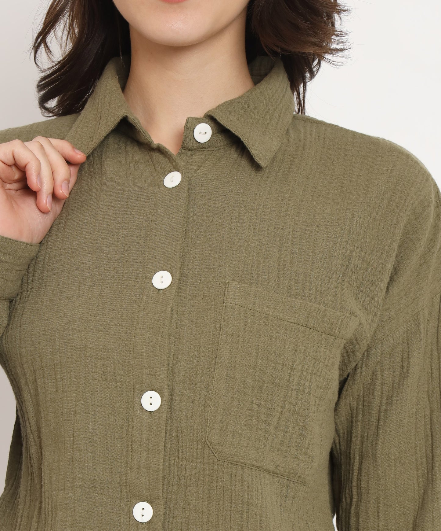 NUEVOSDAMAS Women Pure Cotton Muslin Solid Olive Green Shirt & Trousers co-ord Set