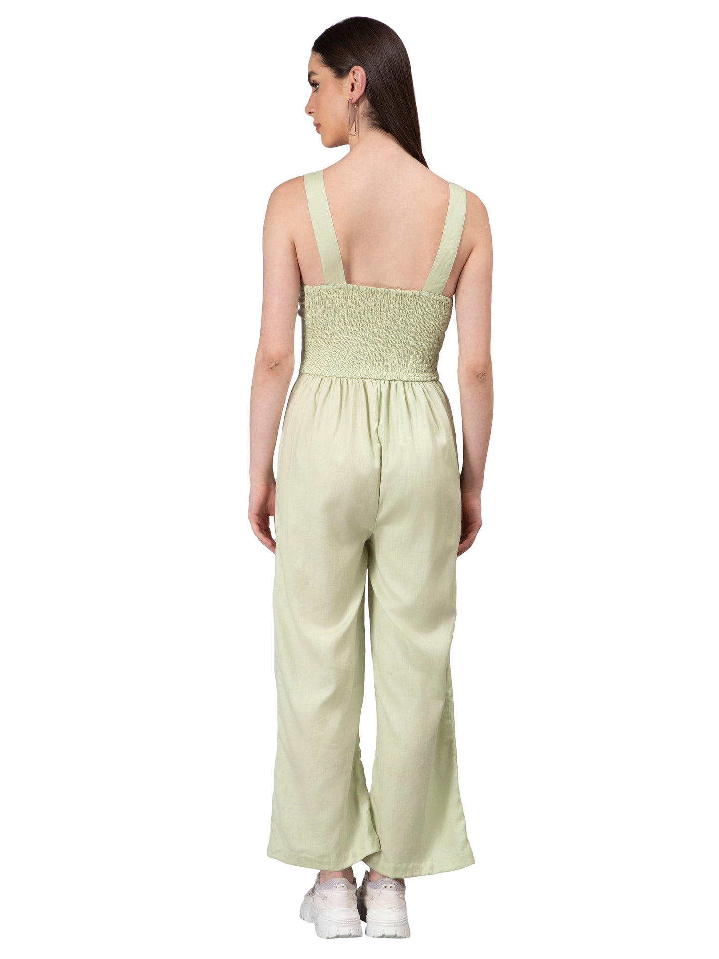 NUEVOSDAMAS Women Solid Cotton Linen Mint Green Jumpsuit