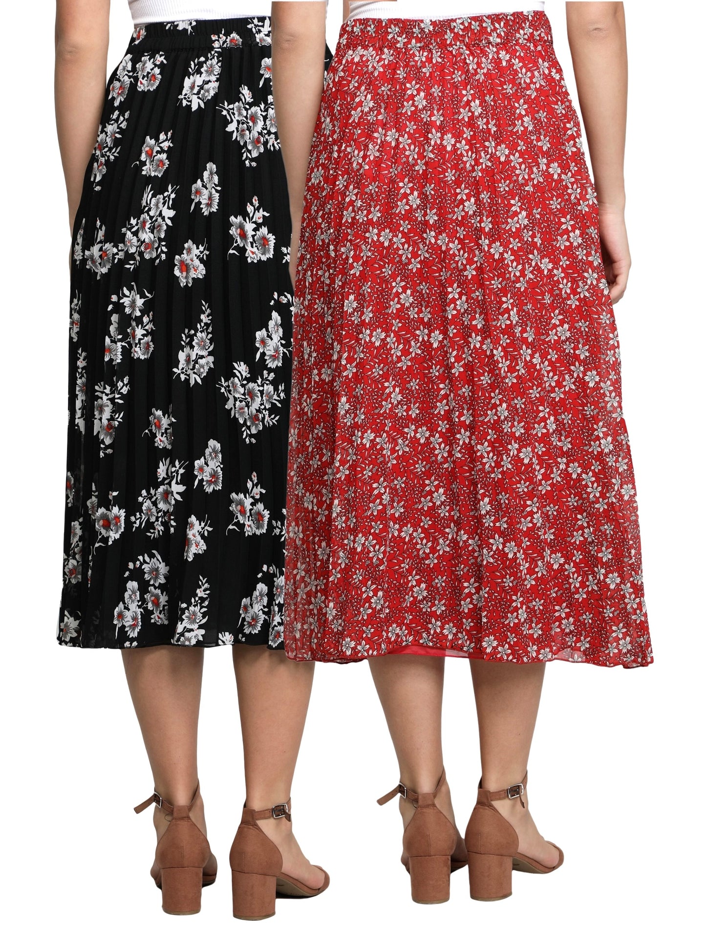 NUEVOSDAMAS Women Georgette Floral Printed Skirts-Pack of Two-Red and Black