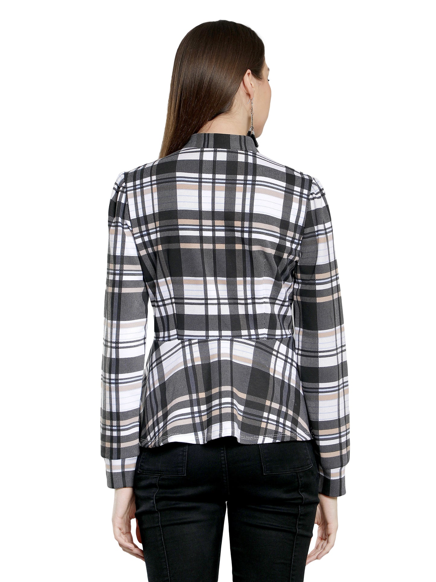 NUEVOSDAMAS Women Check Printed Peplum Jacket-White/Black