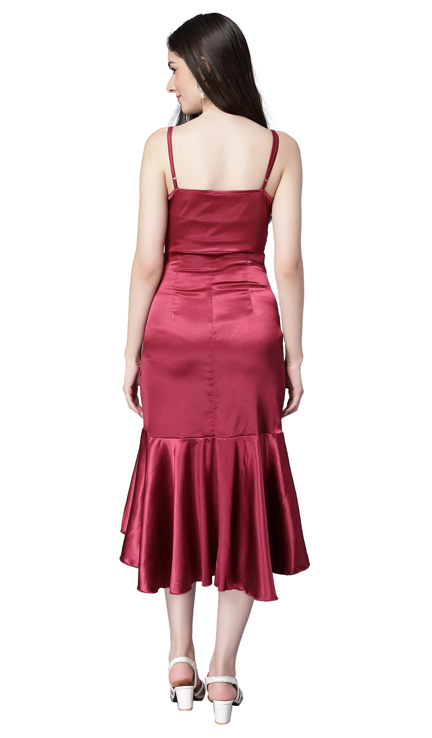 NUEVOSDAMAS Women Satin Lycra Solid Designer Western Wrap Frill Midi Dress | Stylish Adjuster Stripe | Maroon