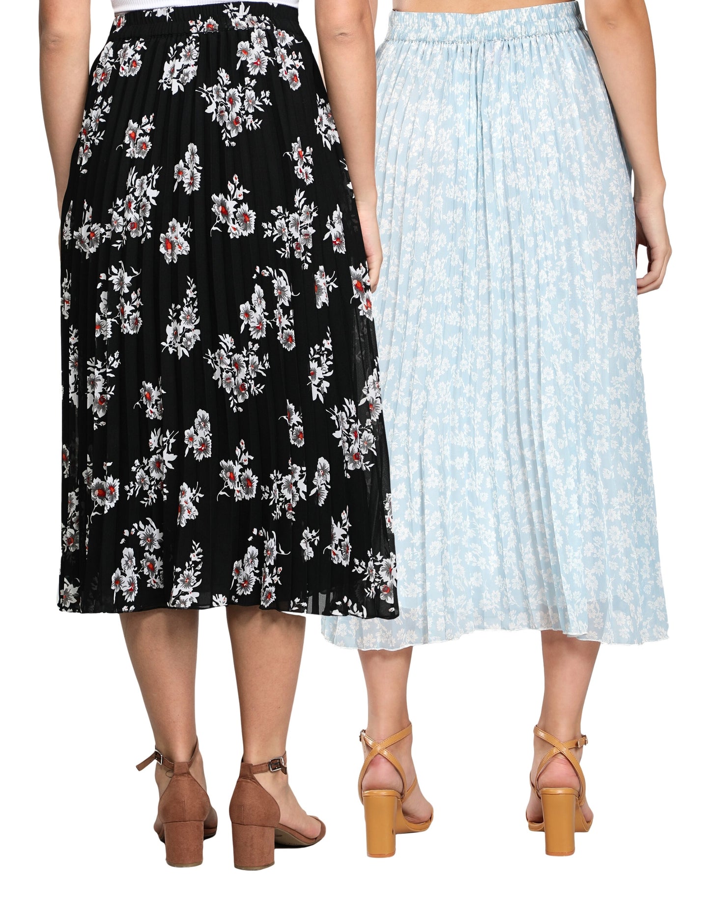 Women Georgette Floral Printed Skirts - Pack of Two - Black and Sky Blue