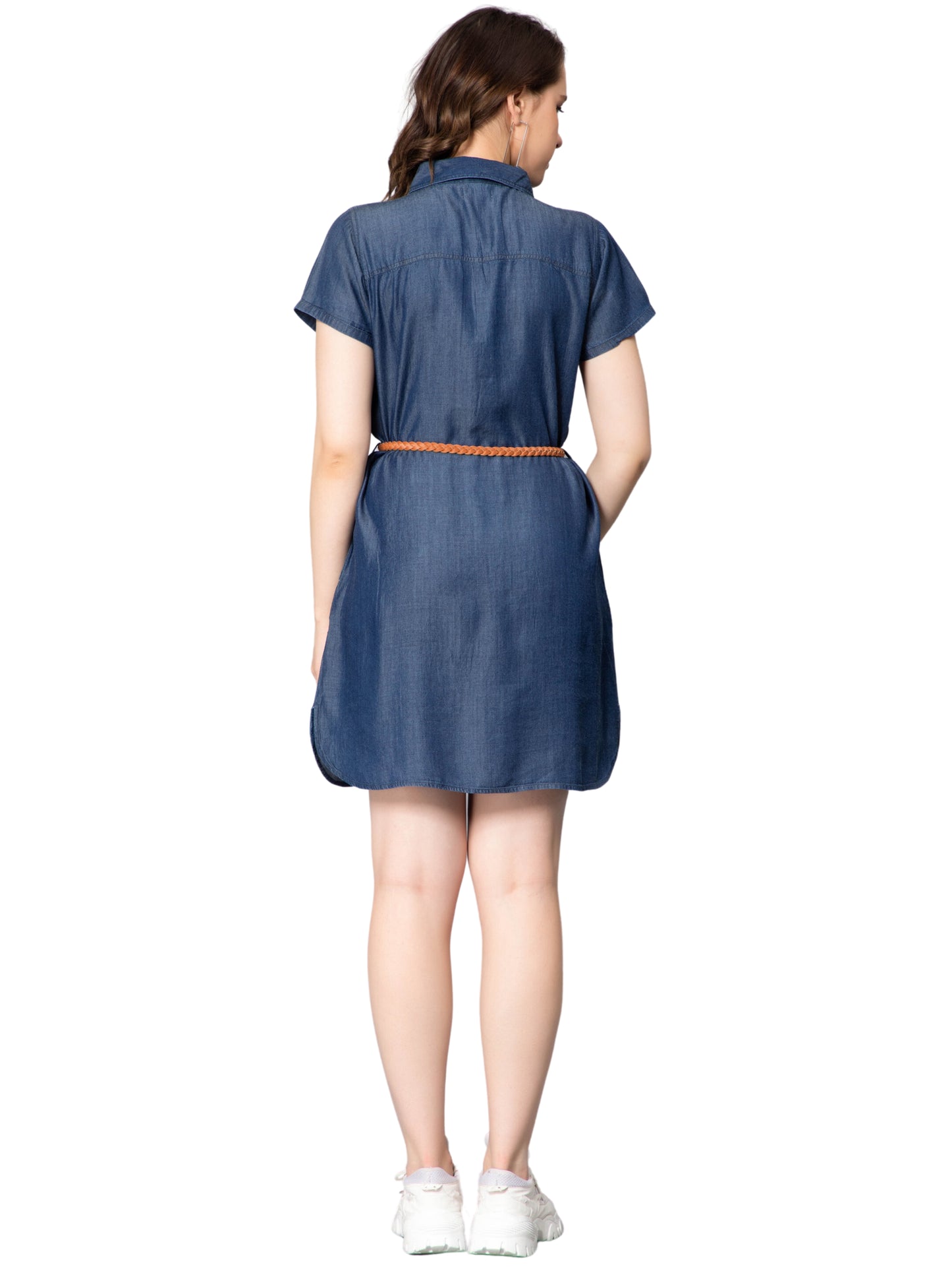 NUEVOSDAMAS Women Denim Long Shirt Style Midi Dress Dark Blue