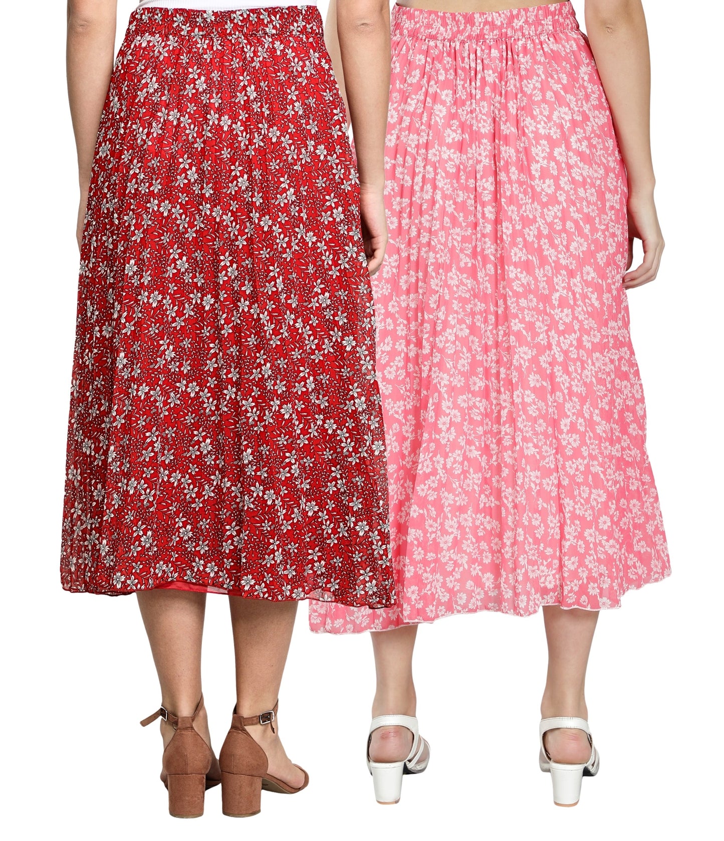 NUEVOSDAMAS Women Georgette Floral Printed Skirts-Pack of Two-Red and Pink