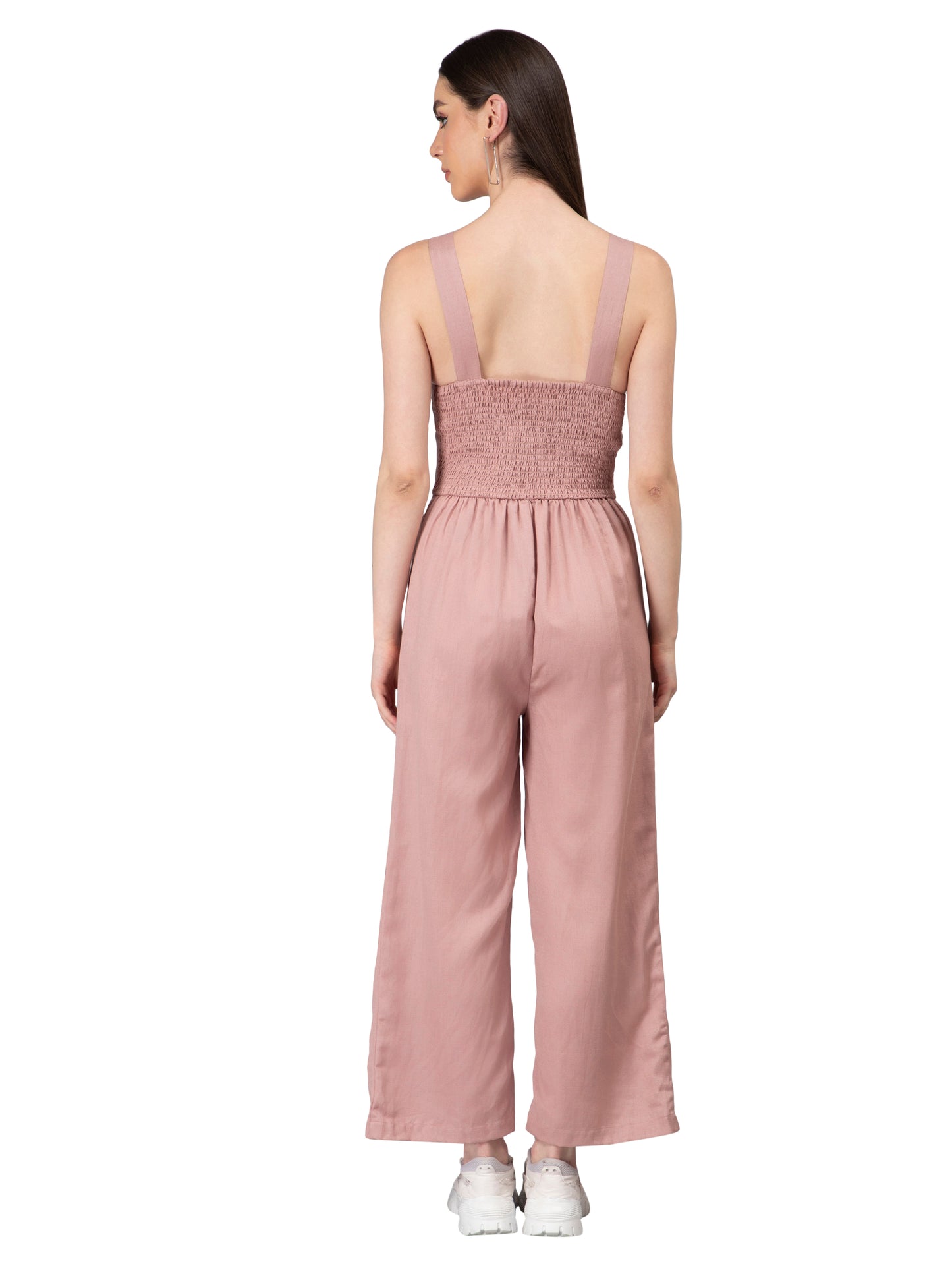 NUEVOSDAMAS Women Solid Cotton Linen Light Pink Jumpsuit