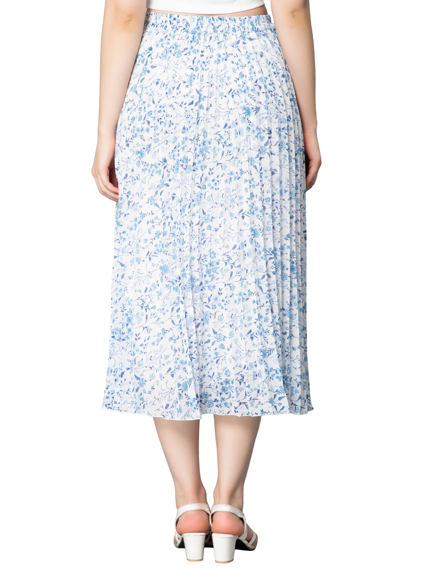 Women's Ditsy Floral Print High Waist Skirt Pleated A-line Long Skirt Beach Elasticated White/Blue Midi Skirt