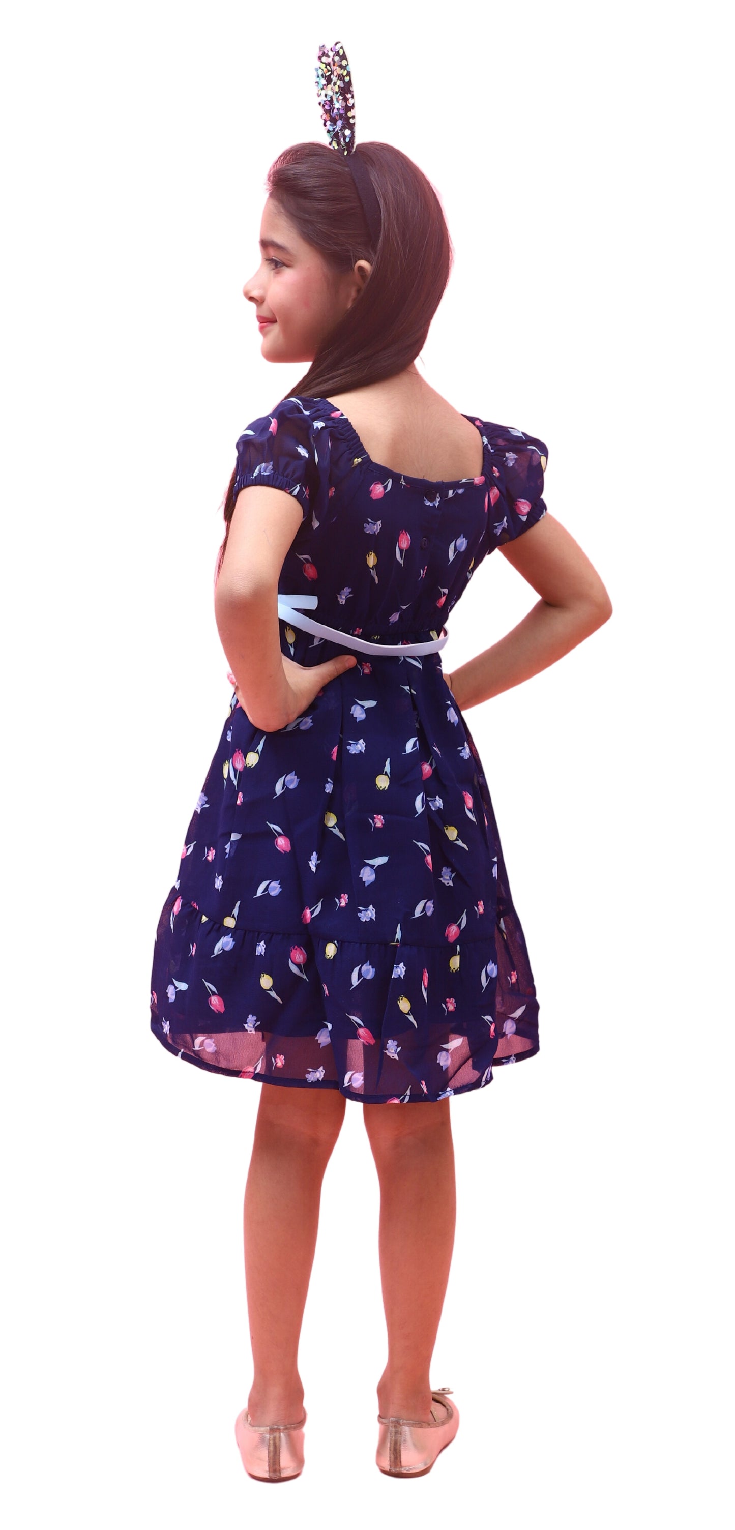 NUEVOSKIDDOS Kids Floral Printed Puff Sleeves Georgette Frock with Adjustable Belt for Girl Navy Blue