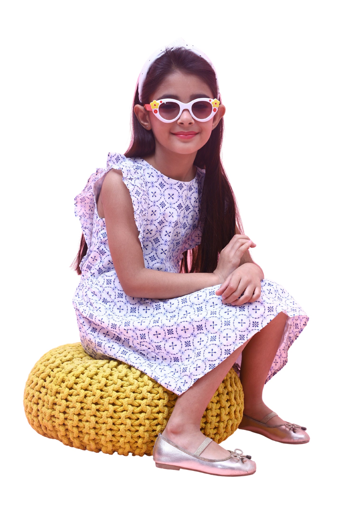 NUEVOSKIDDOS Kids Cotton Dobby Damask Printed Frock for Girl White/Blue