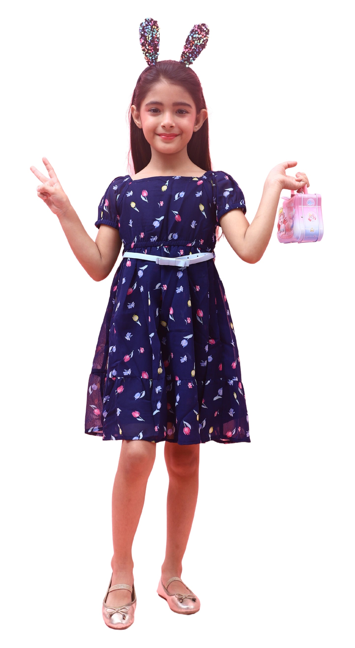 NUEVOSKIDDOS Kids Floral Printed Puff Sleeves Georgette Frock with Adjustable Belt for Girl Navy Blue