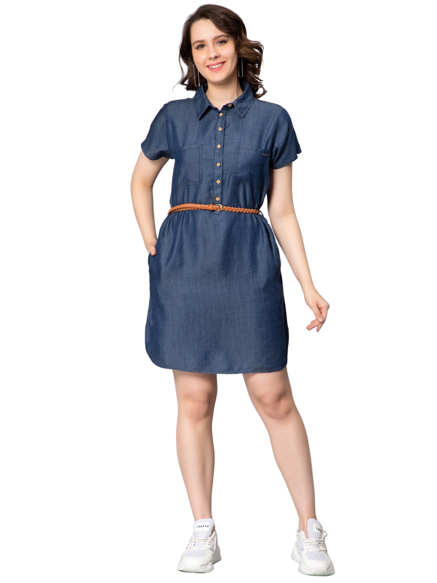 NUEVOSDAMAS Women Denim Long Shirt Style Midi Dress Dark Blue