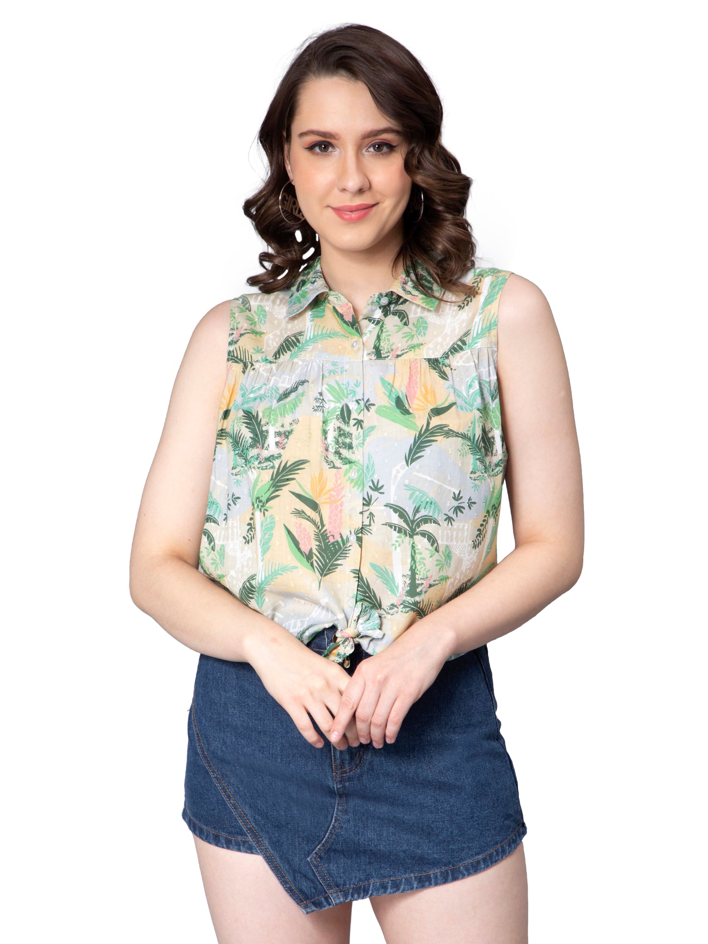 NUEVOSDAMAS Women Cotton Dobby Floral Printed Front Knot Multi/Green Sleeveless Shirt
