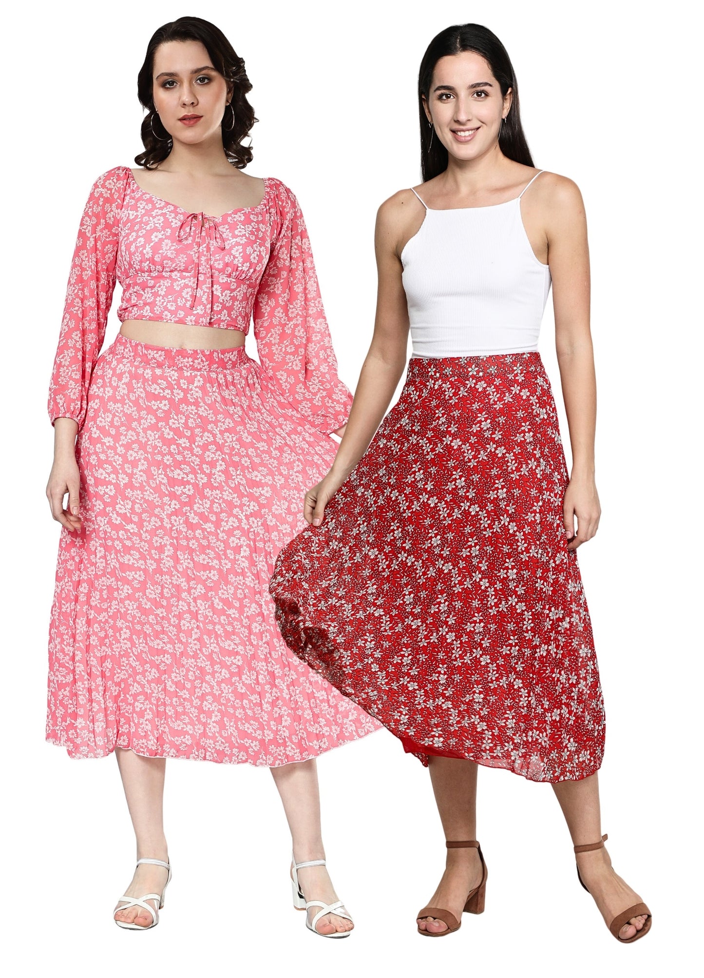 NUEVOSDAMAS Women Georgette Floral Printed Skirts-Pack of Two-Red and Pink