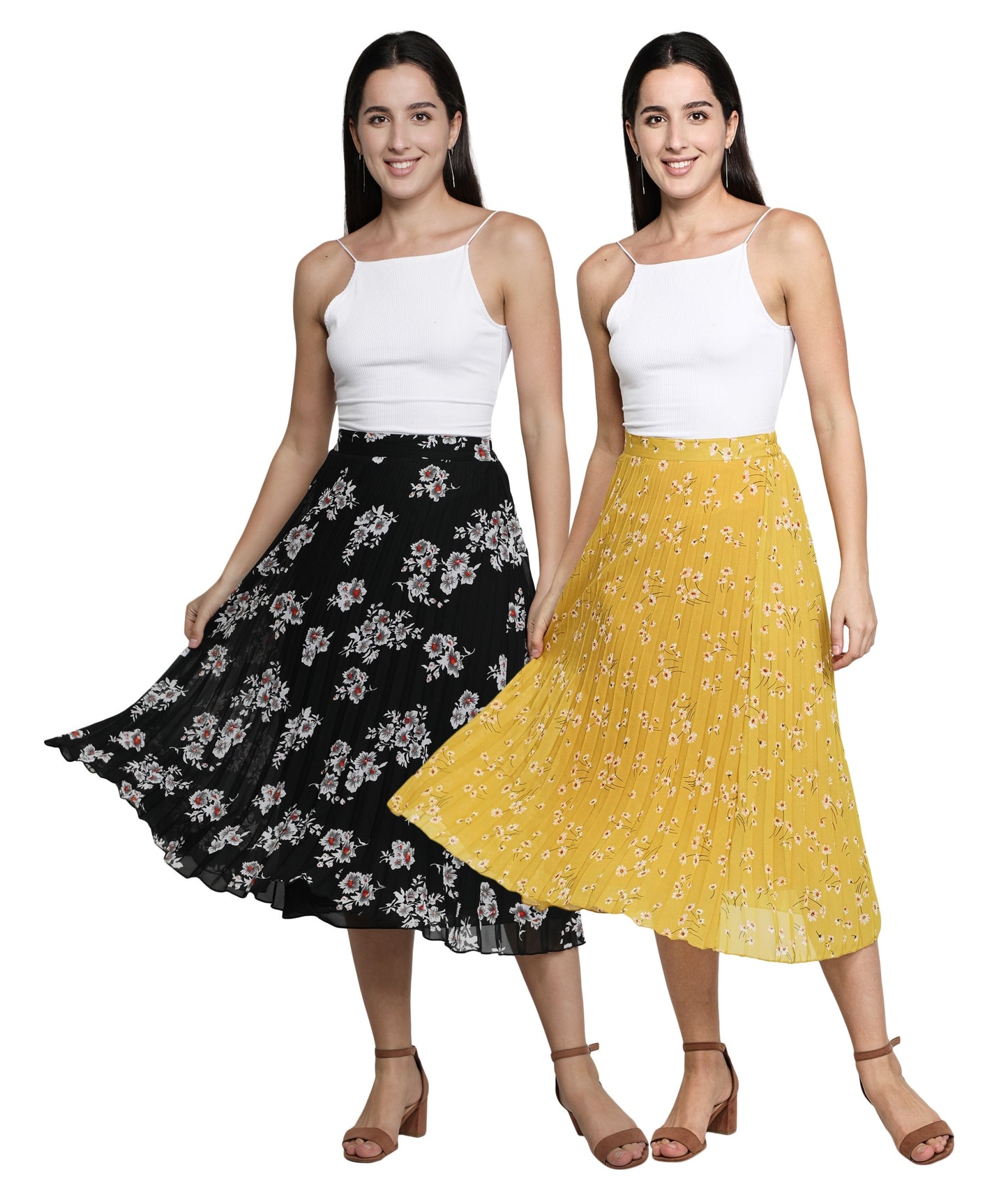 NUEVOSDAMAS Women Georgette Floral Printed Skirts - Pack of Two - Yellow and Black