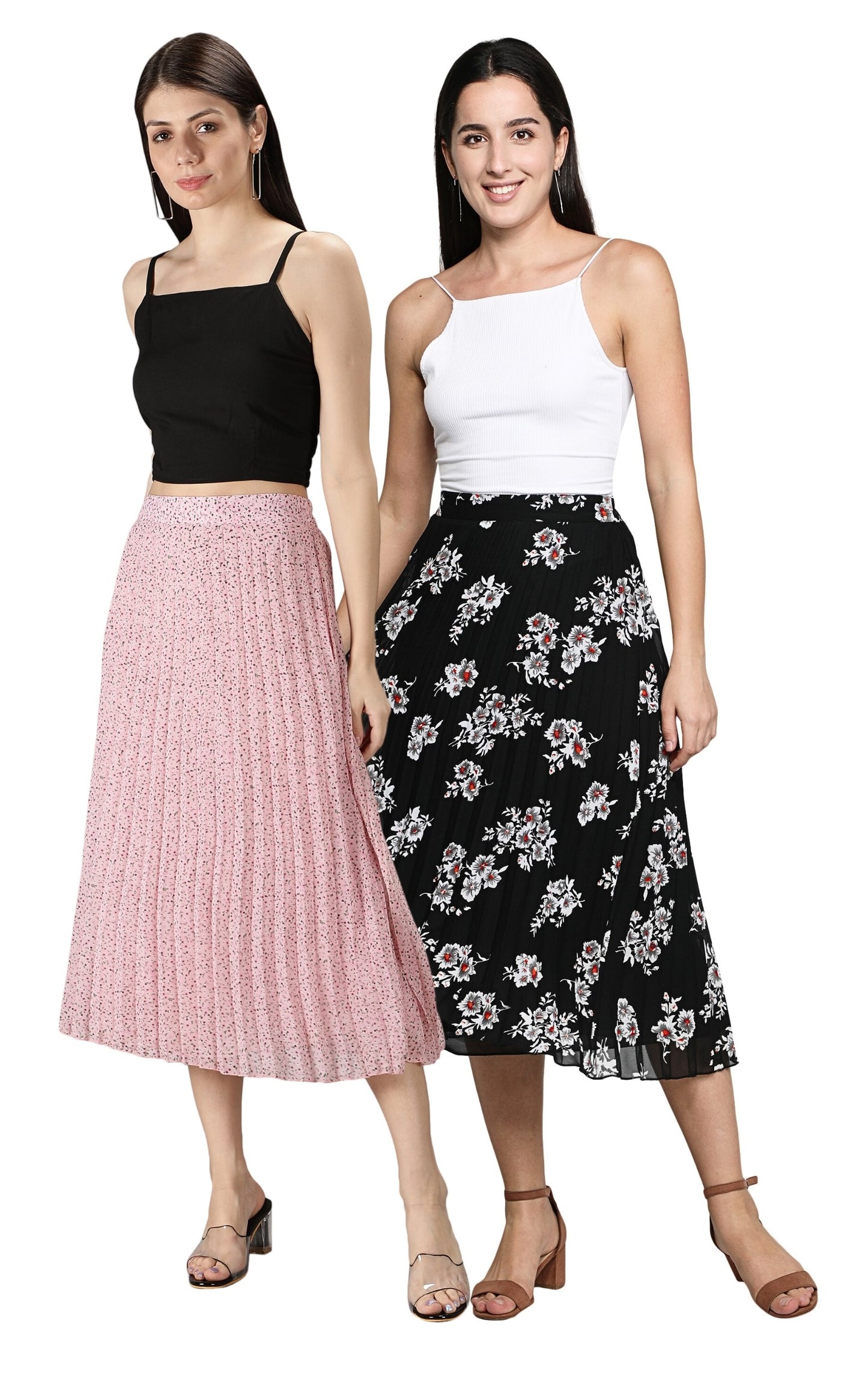 NUEVOSDAMAS Women Georgette Floral Printed Skirts-Pack of Two-Pink and Black
