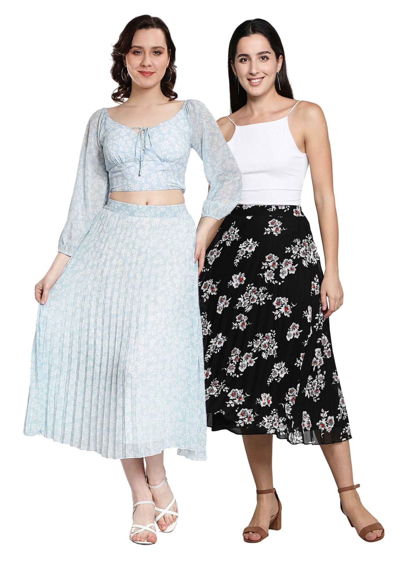 Women Georgette Floral Printed Skirts - Pack of Two - Black and Sky Blue