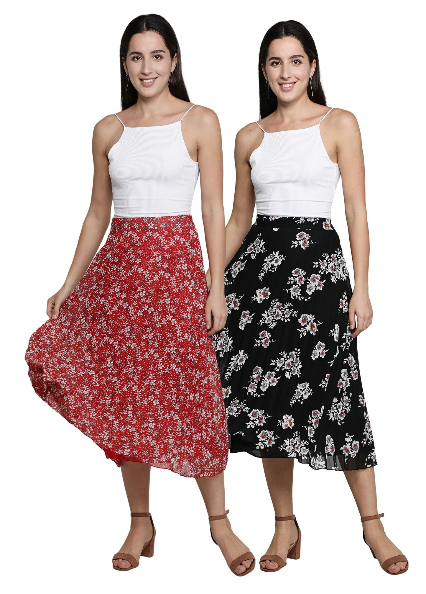 NUEVOSDAMAS Women Georgette Floral Printed Skirts-Pack of Two-Red and Black