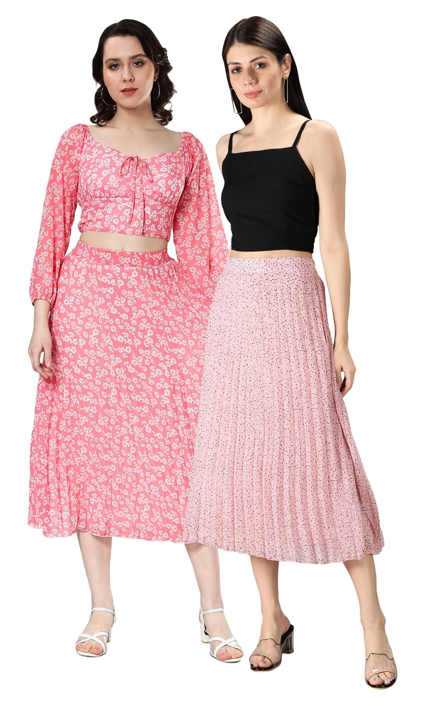 Women Georgette Floral Printed Skirts-Pack of Two-Pink and Baby Pink