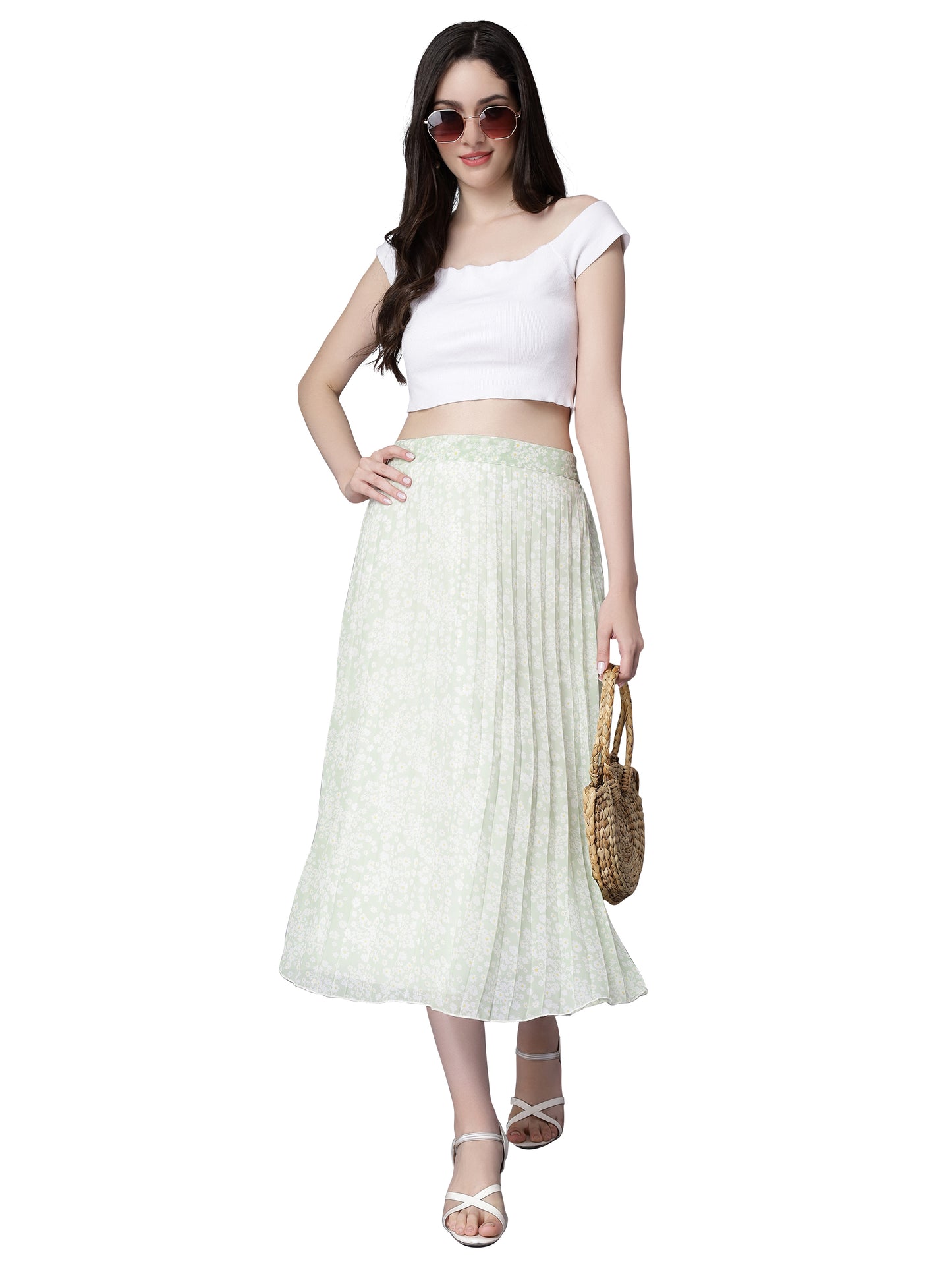 Women's Ditsy Floral Print High Waist Skirt Pleated A-line Long Skirt Beach Elasticated Mint Green Midi Skirt
