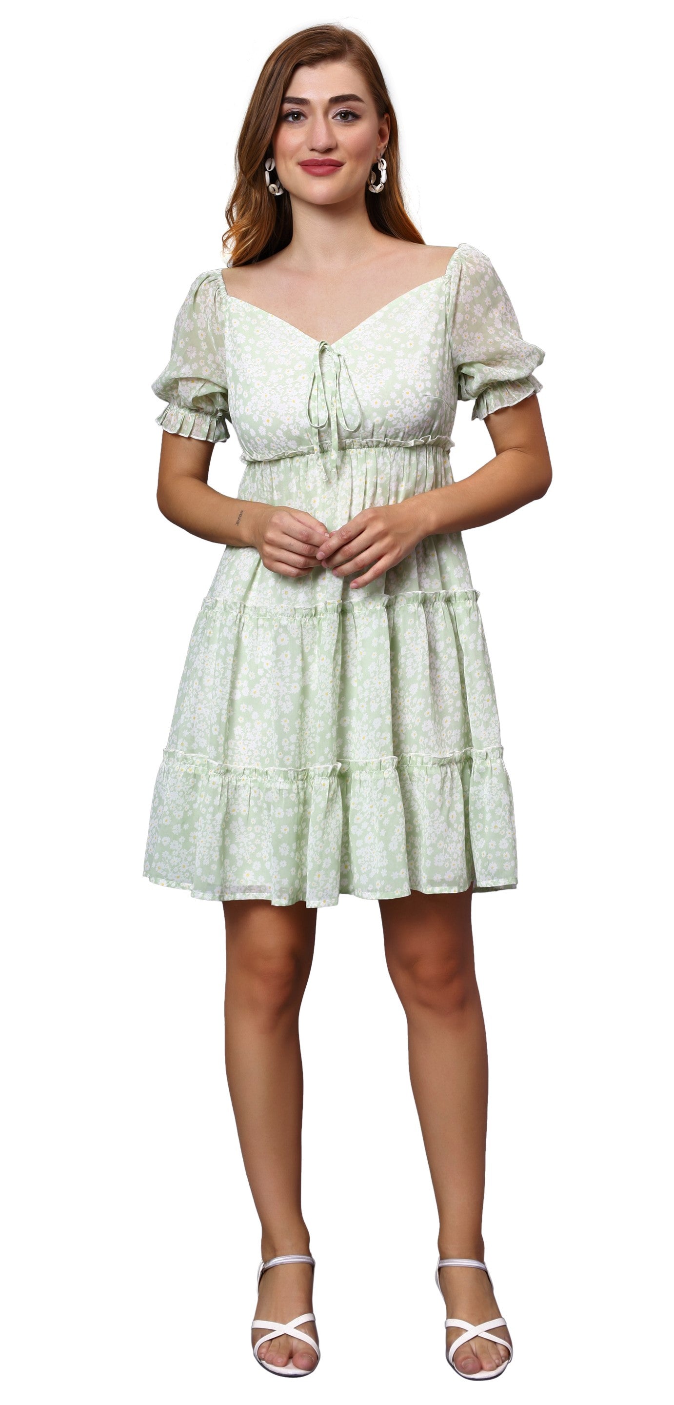 NUEVOSDAMAS Women Floral Printed Fit & Flare Mint Green Midi Dress