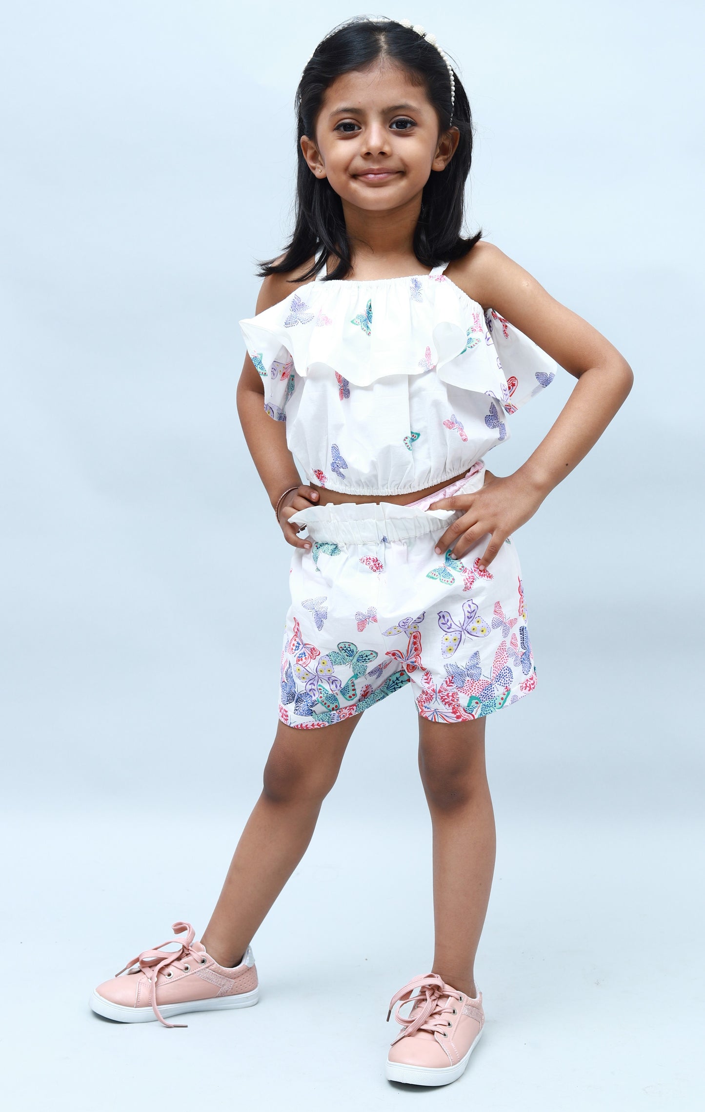 NUEVOSKIDDOS Cotton Butterfly Printed Top & Shorts Set for Kids White