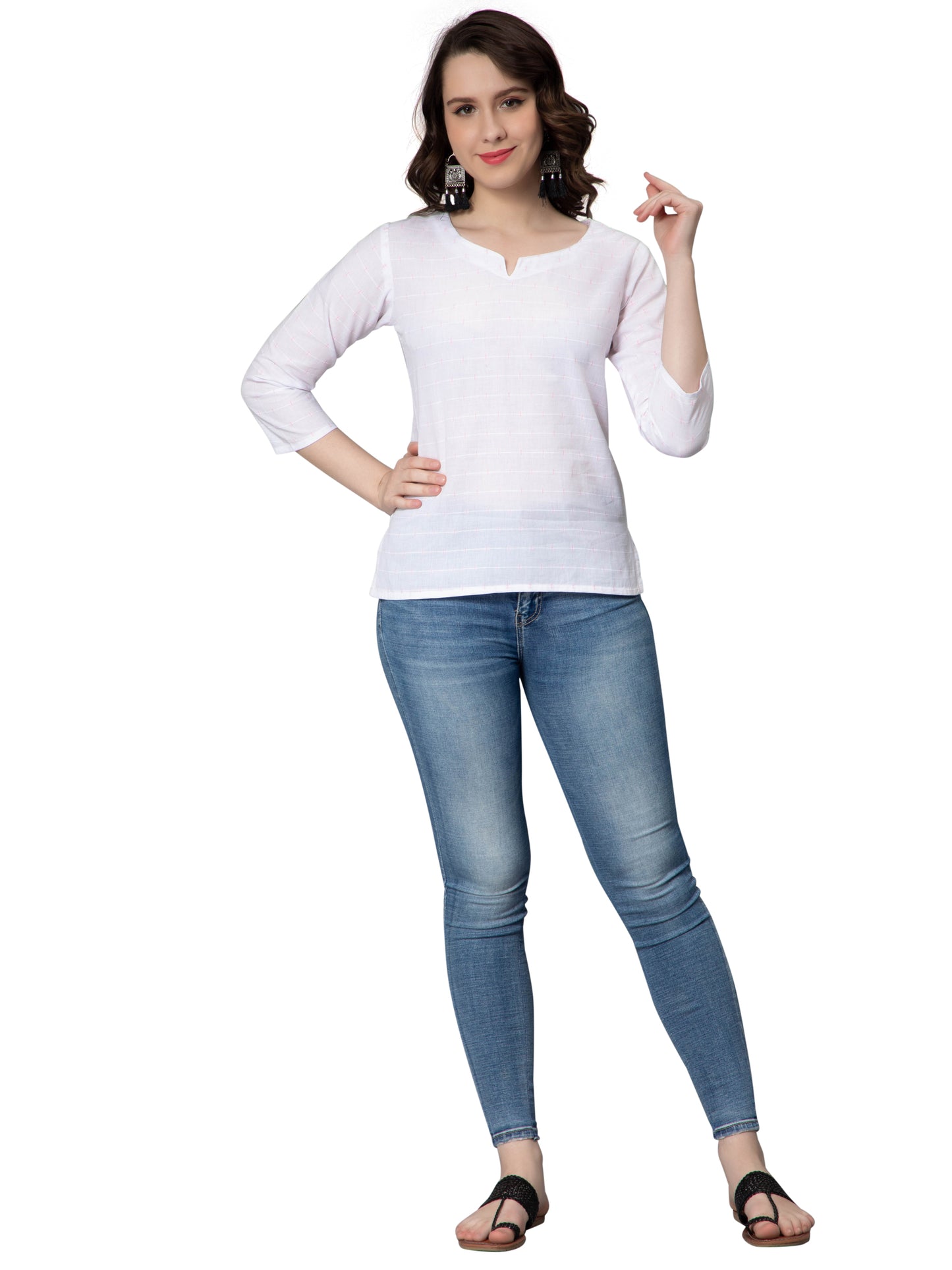 NUEVOSDAMAS Women Cotton Dobby Top & Short Kurta White