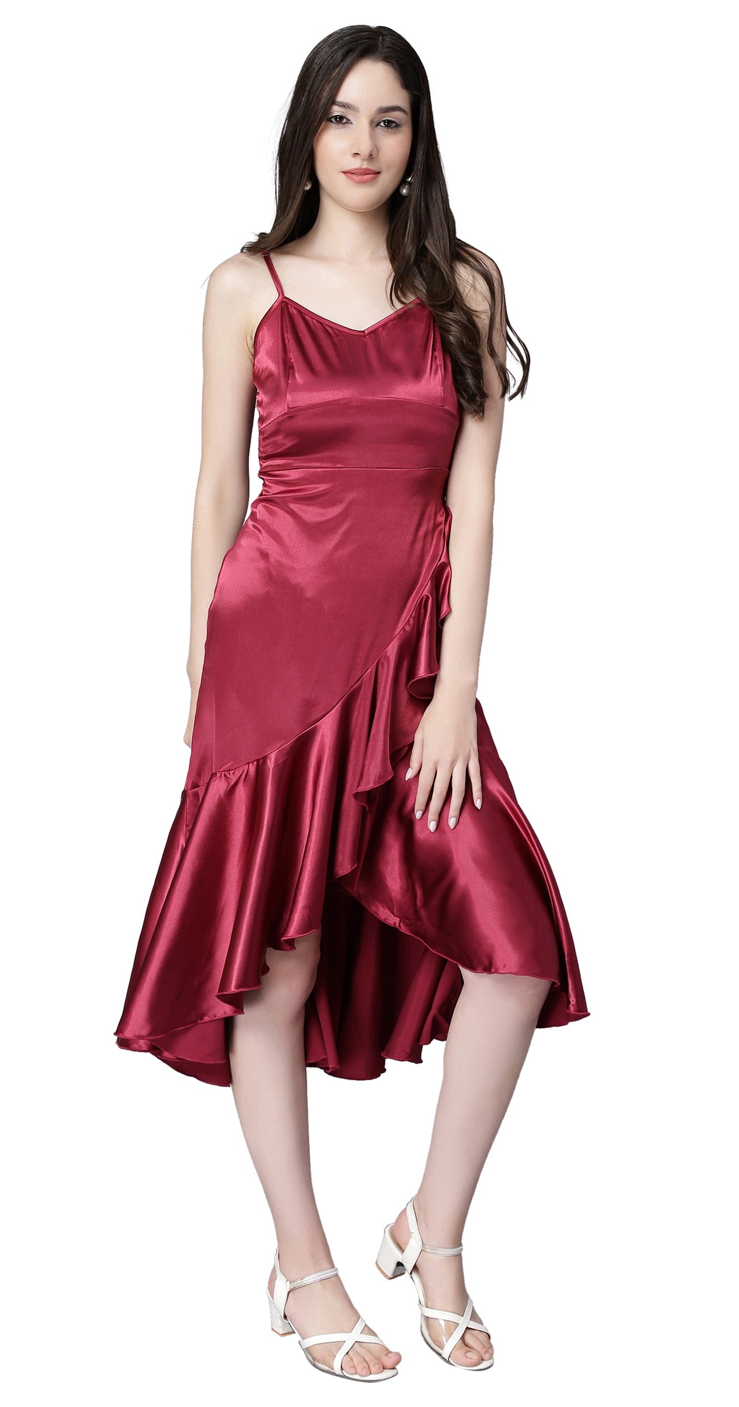 NUEVOSDAMAS Women Satin Lycra Solid Designer Western Wrap Frill Midi Dress | Stylish Adjuster Stripe | Maroon