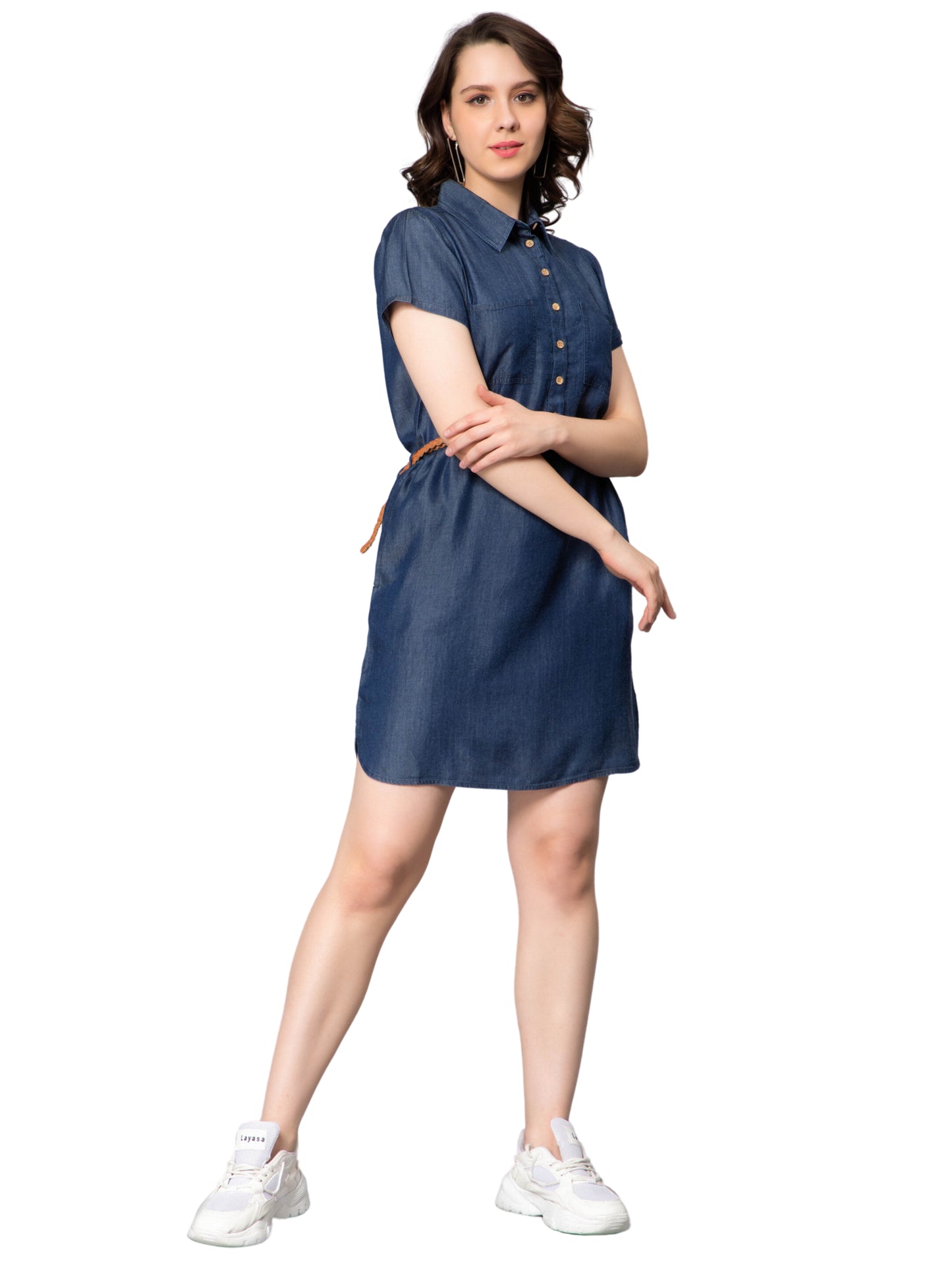 NUEVOSDAMAS Women Denim Long Shirt Style Midi Dress Dark Blue