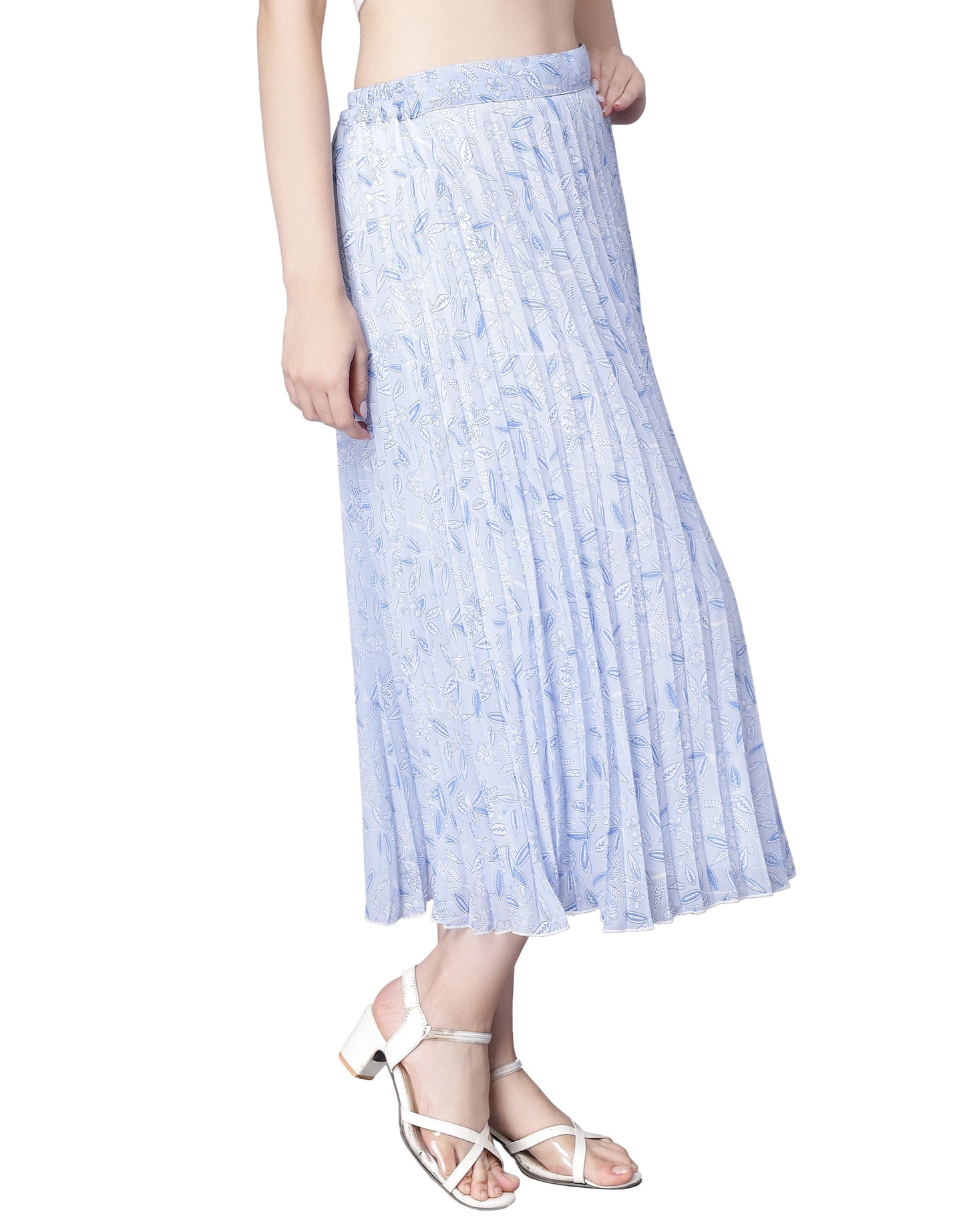 Women's Ditsy Floral Print High Waist Skirt Pleated A-line Long Skirt Beach Elasticated Sky Blue Midi Skirt
