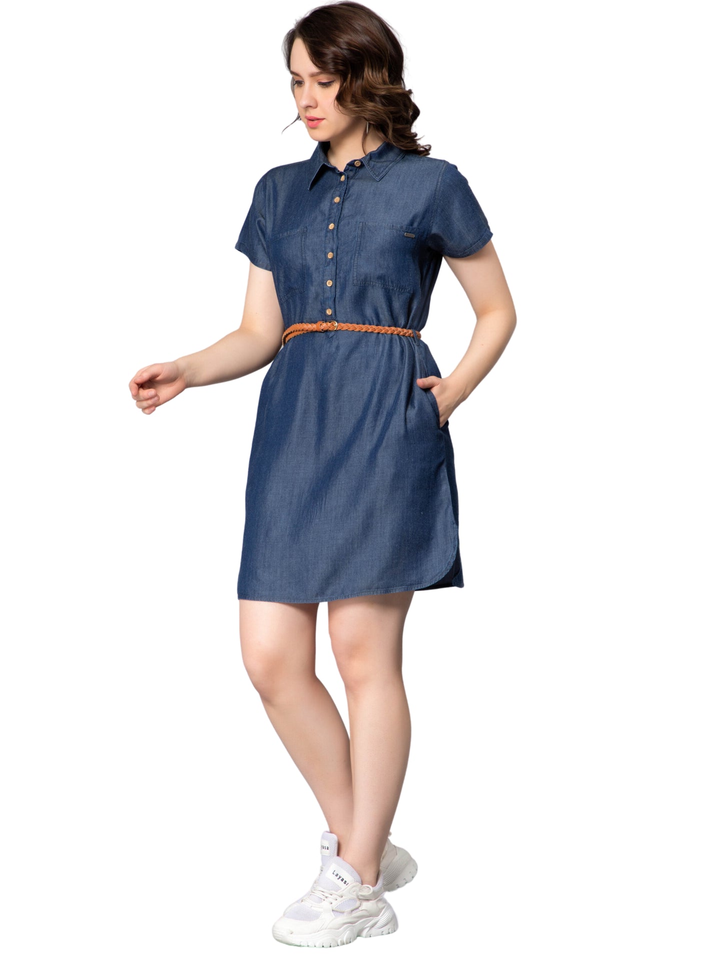 NUEVOSDAMAS Women Denim Long Shirt Style Midi Dress Dark Blue
