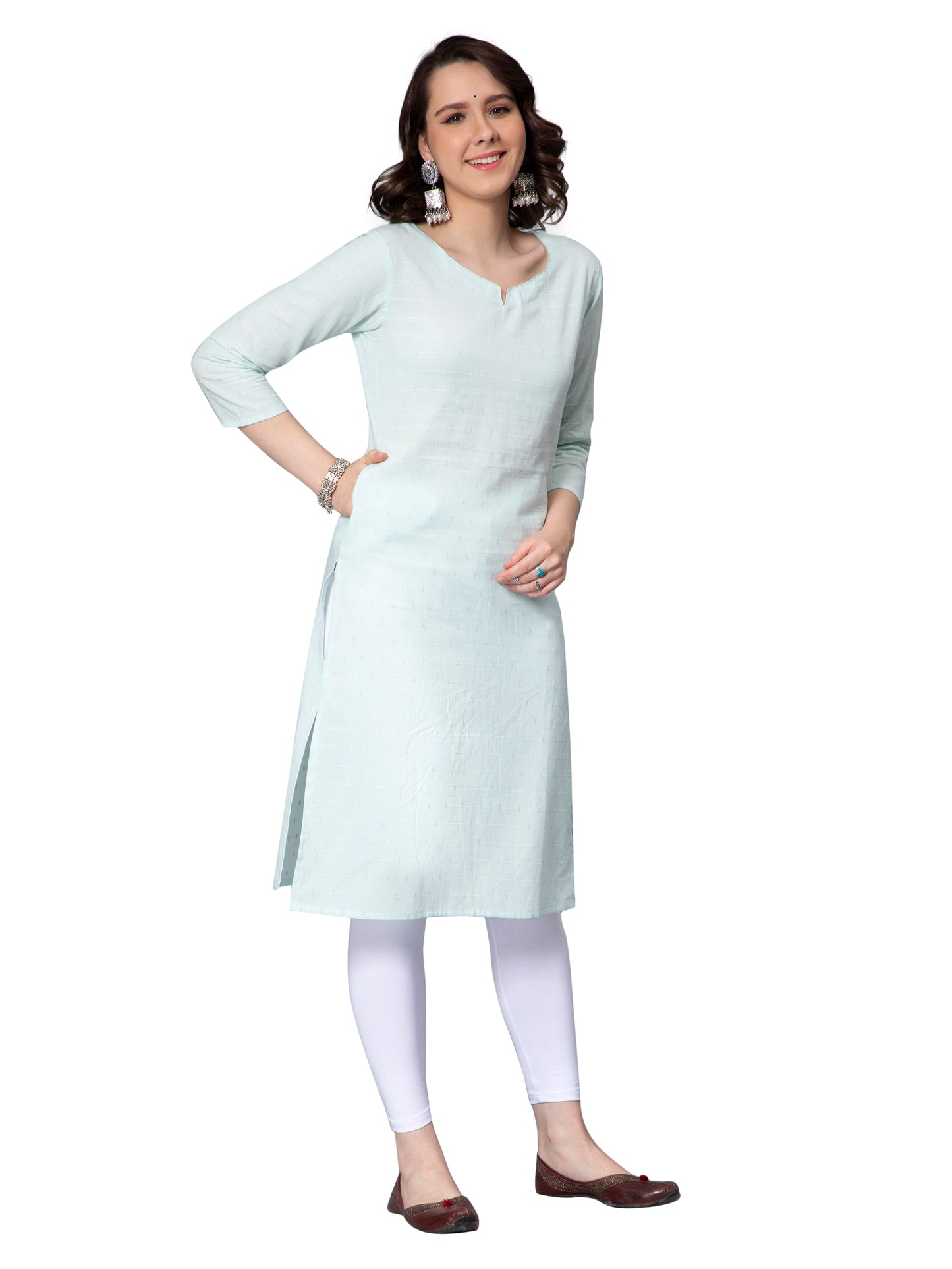 NUEVOSDAMAS Women Cotton Dobby Mint Kurti