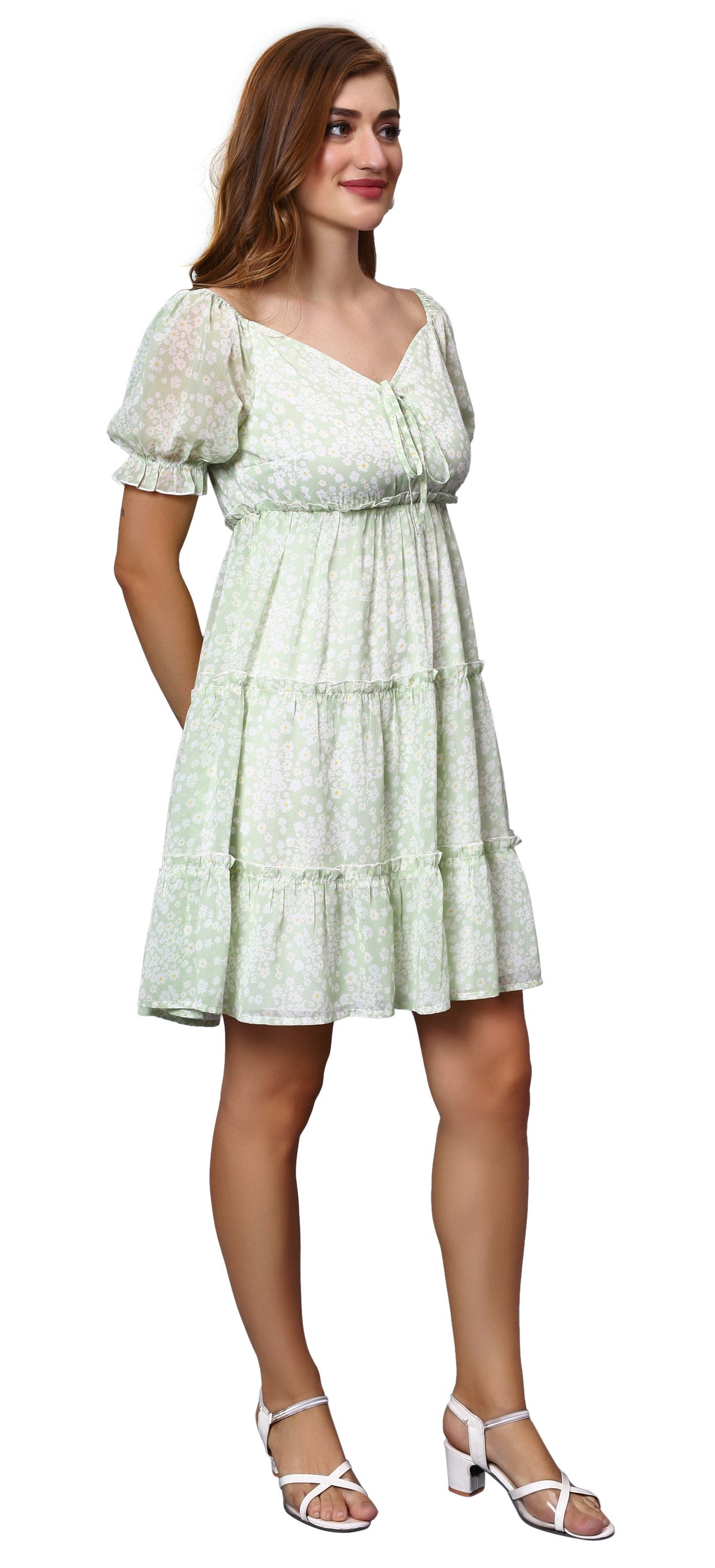 NUEVOSDAMAS Women Floral Printed Fit & Flare Mint Green Midi Dress
