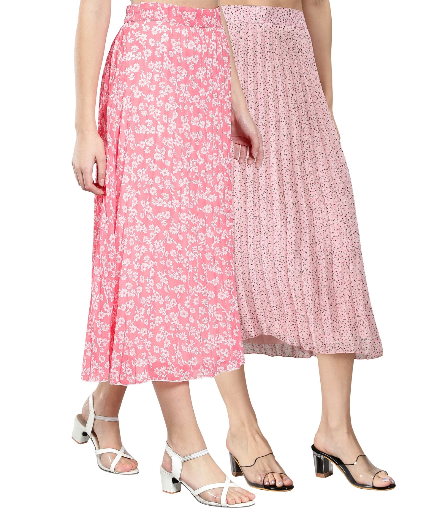 Women Georgette Floral Printed Skirts-Pack of Two-Pink and Baby Pink