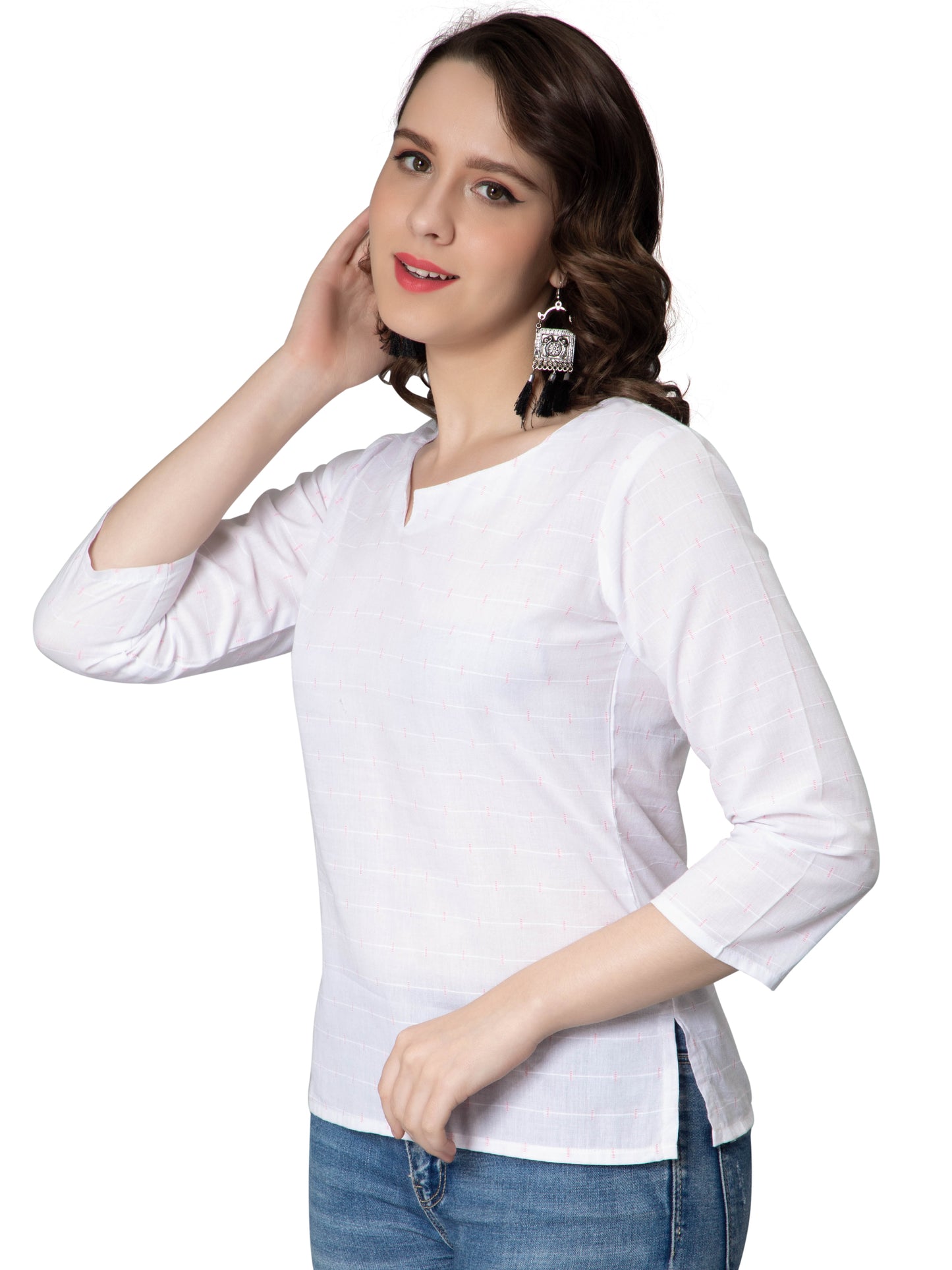 NUEVOSDAMAS Women Cotton Dobby Top & Short Kurta White