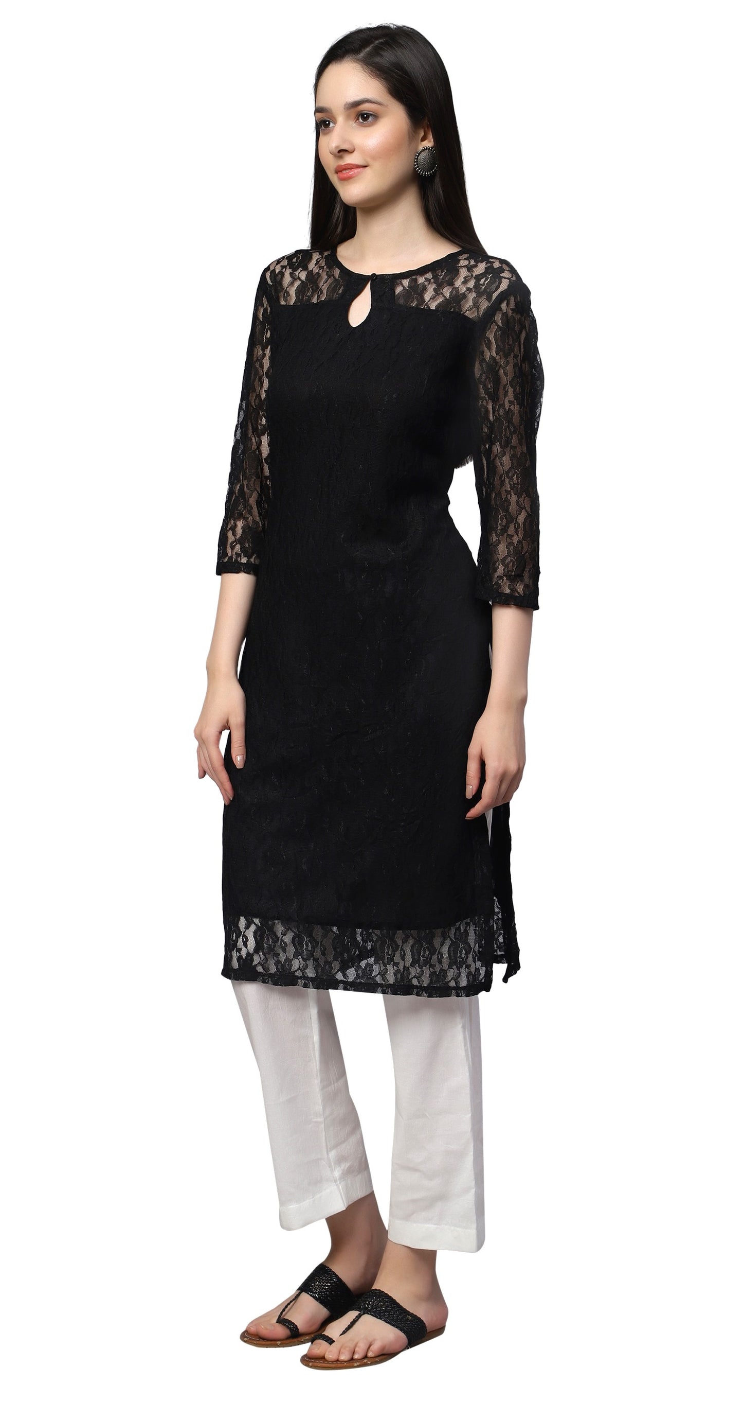 NUEVOSDAMAS Women Floral Lace Net Self Design Black Kurti