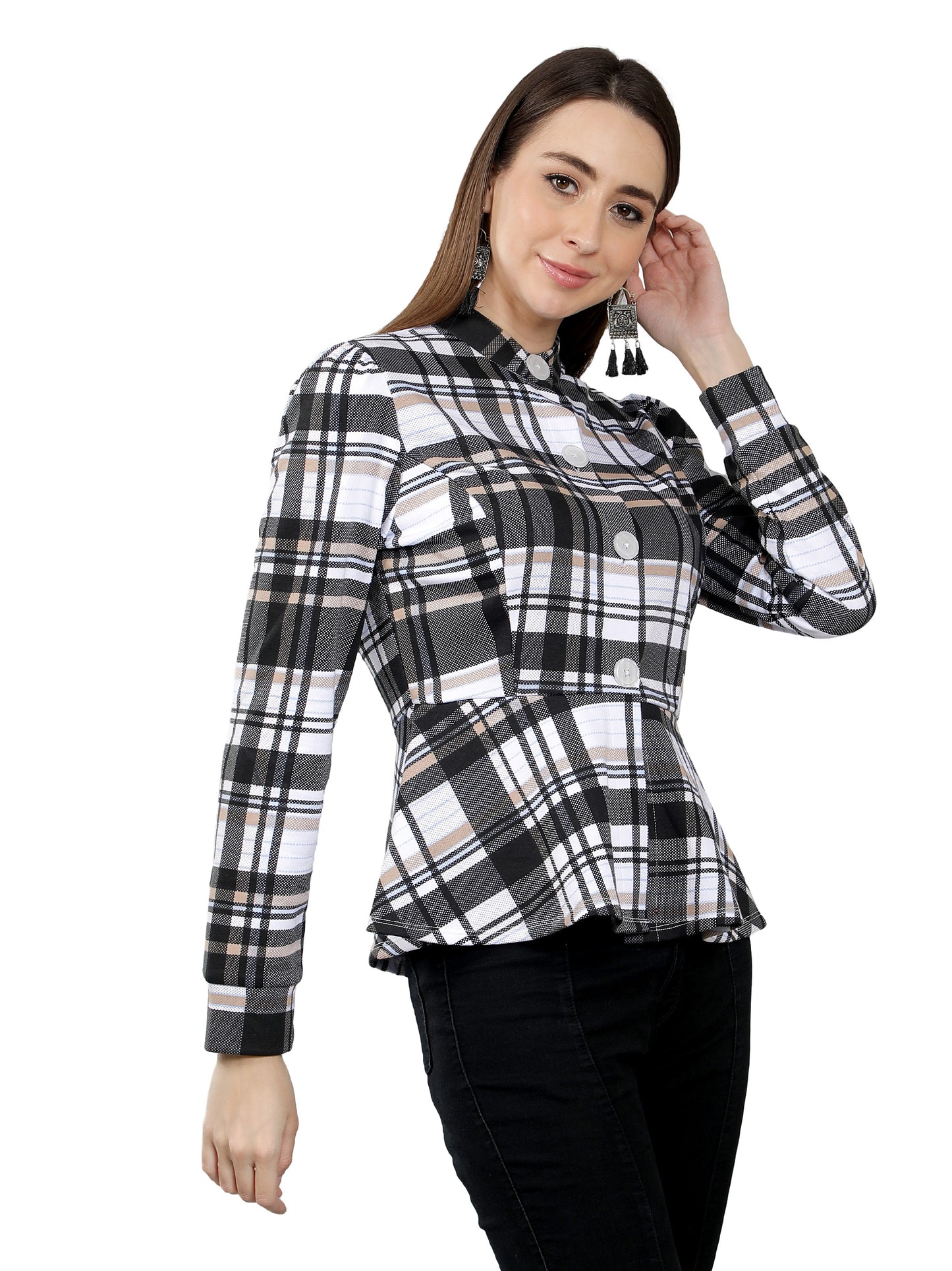 NUEVOSDAMAS Women Check Printed Peplum Jacket-White/Black
