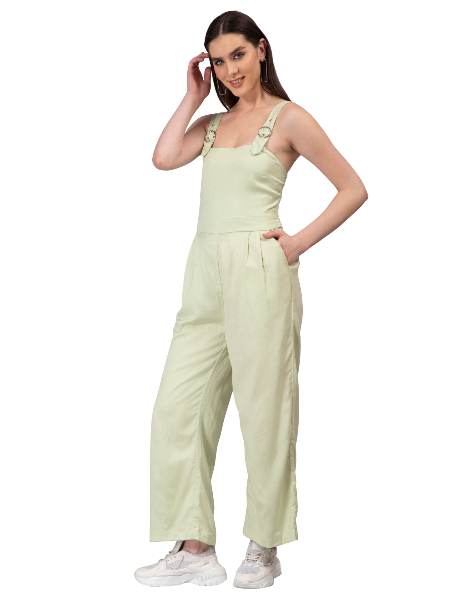 NUEVOSDAMAS Women Solid Cotton Linen Mint Green Jumpsuit