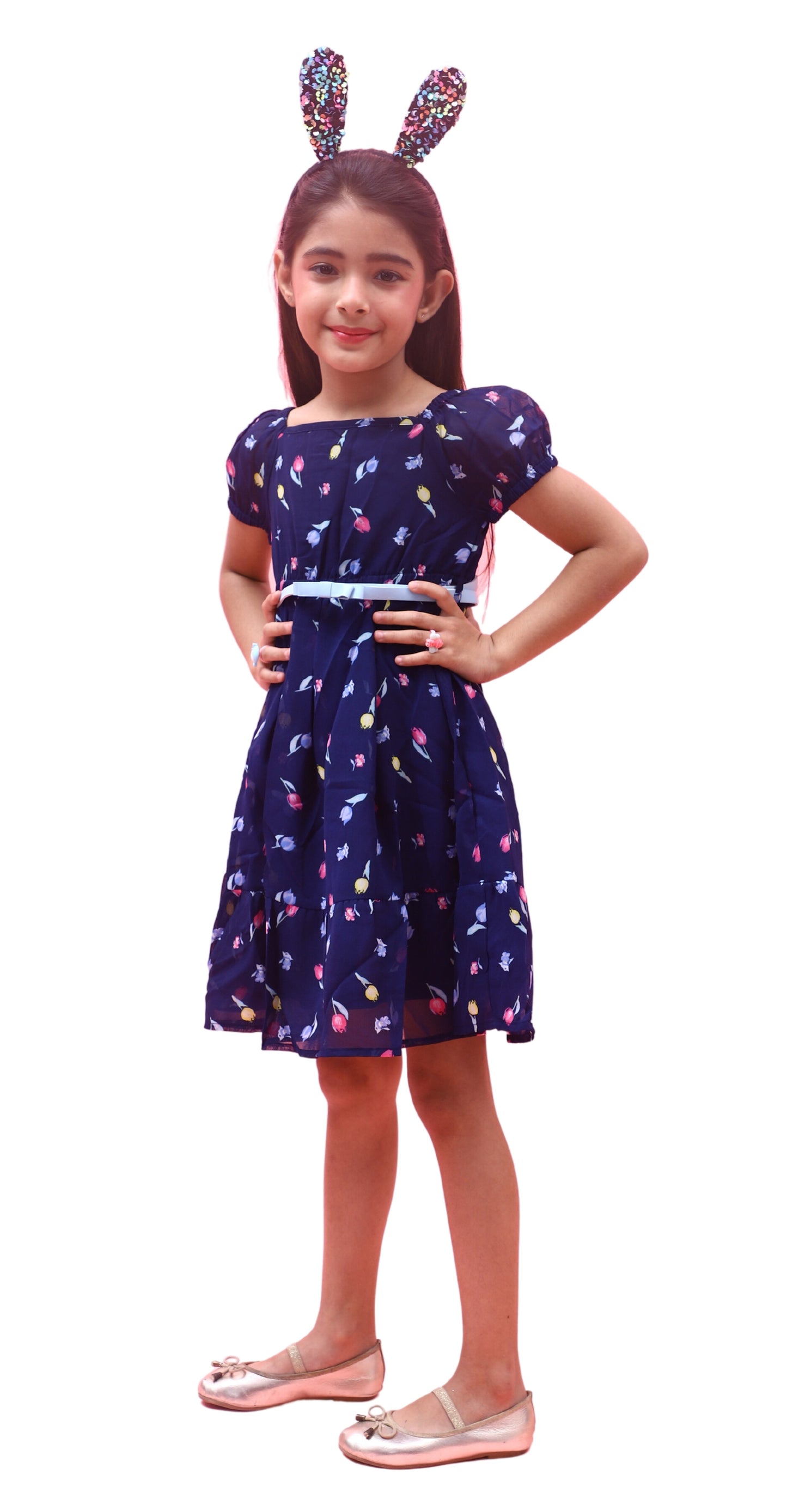 NUEVOSKIDDOS Kids Floral Printed Puff Sleeves Georgette Frock with Adjustable Belt for Girl Navy Blue