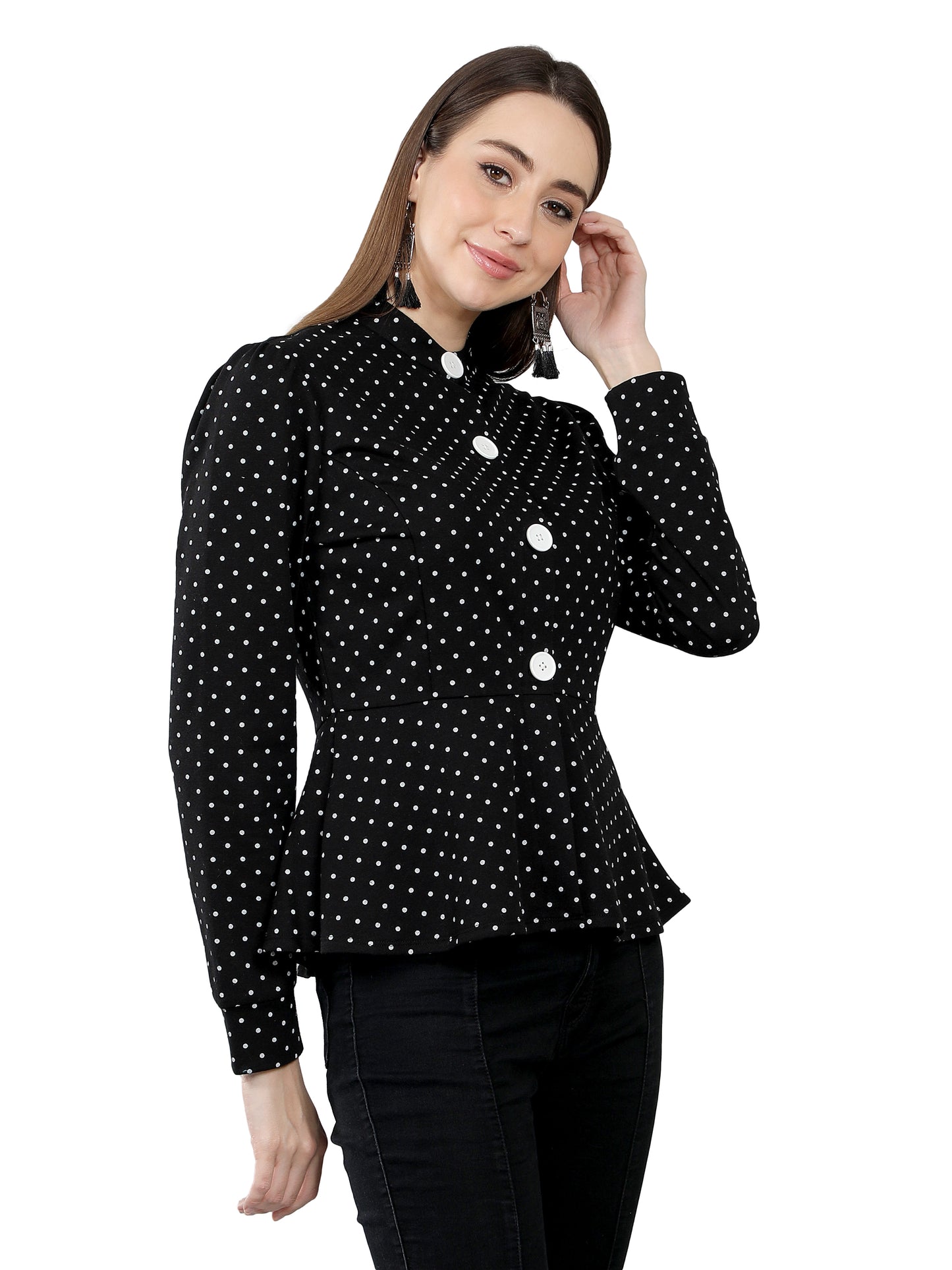 NUEVOSDAMAS Women Polka Dot Printed Peplum Jacket-Black