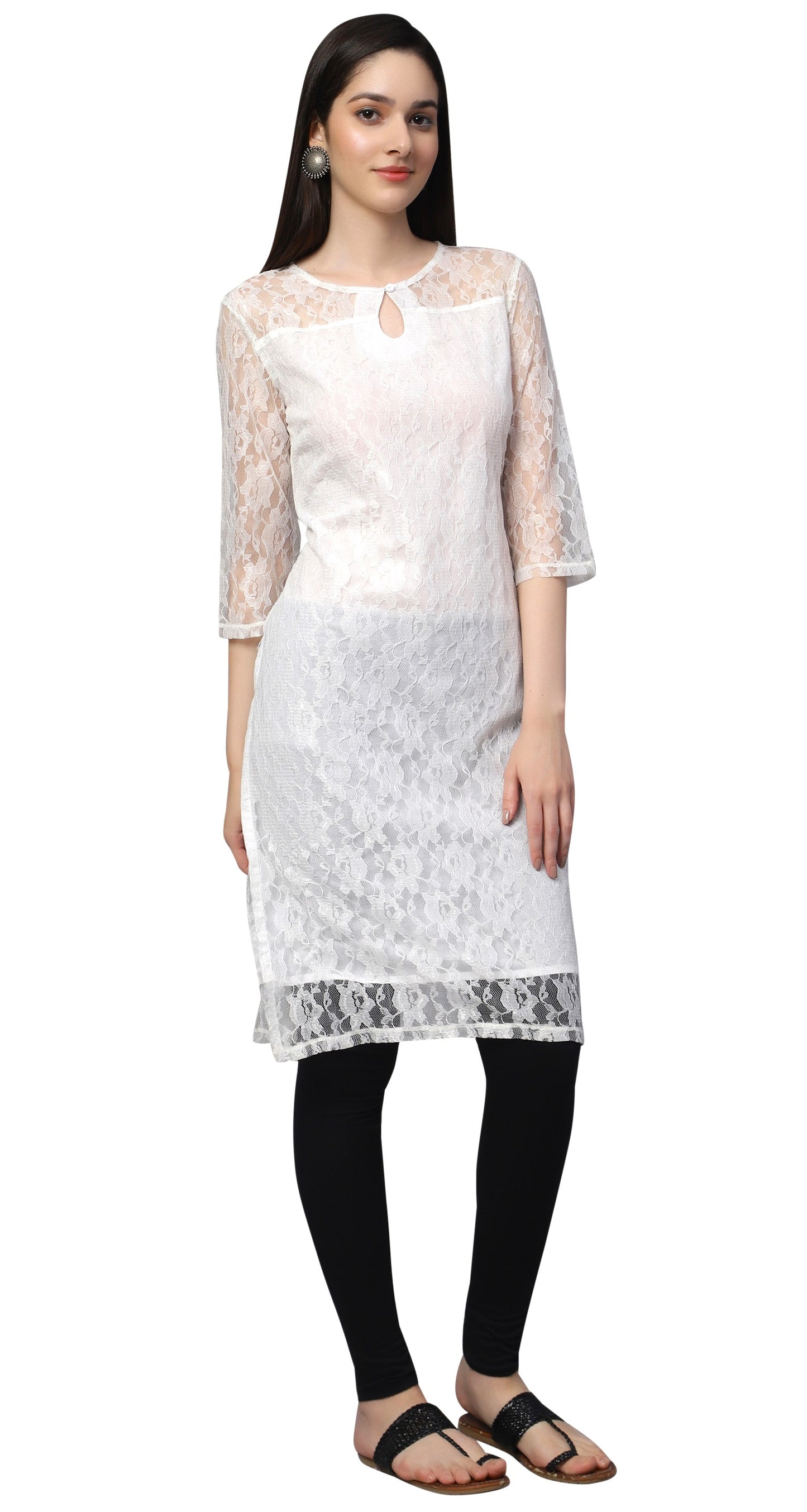 NUEVOSDAMAS Women Floral Lace Net Self Design White Kurti