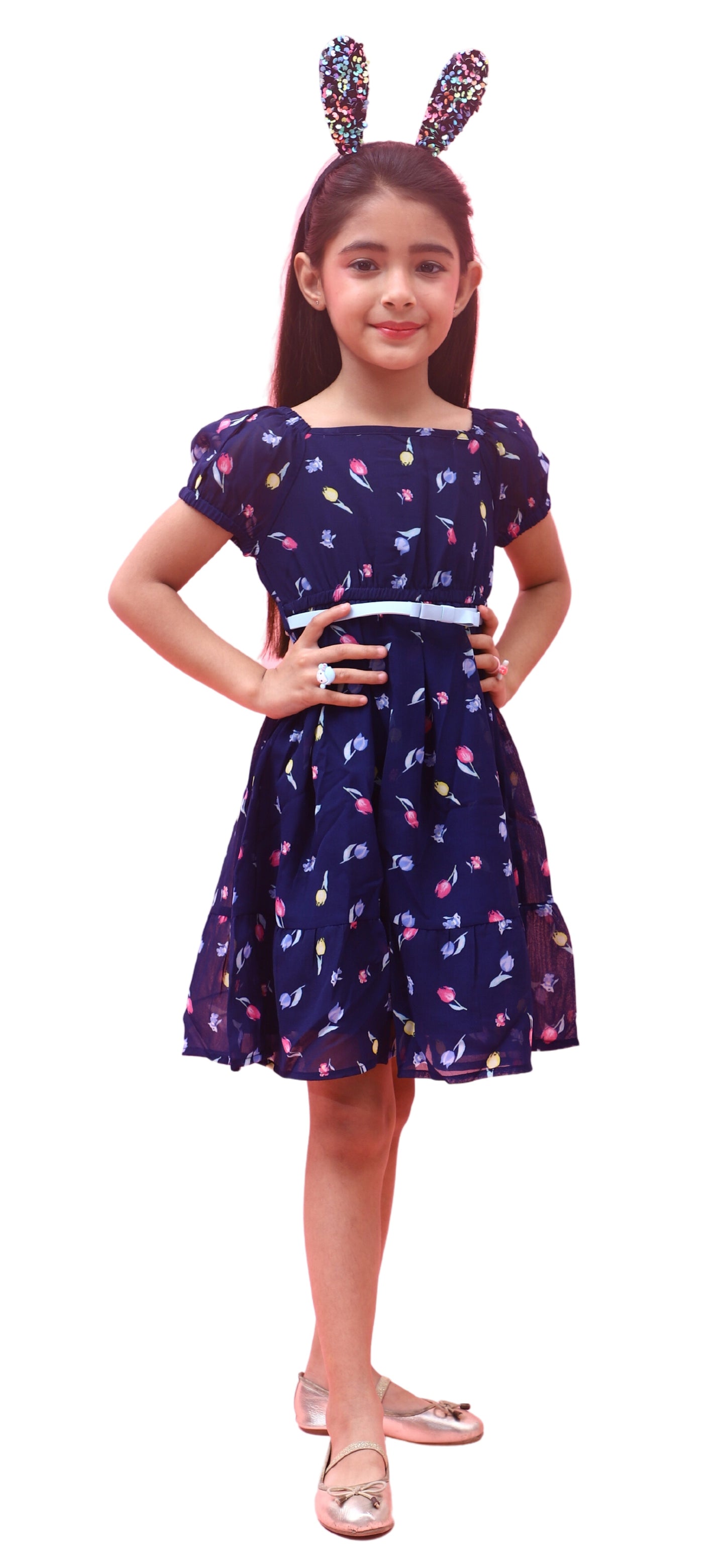 NUEVOSKIDDOS Kids Floral Printed Puff Sleeves Georgette Frock with Adjustable Belt for Girl Navy Blue