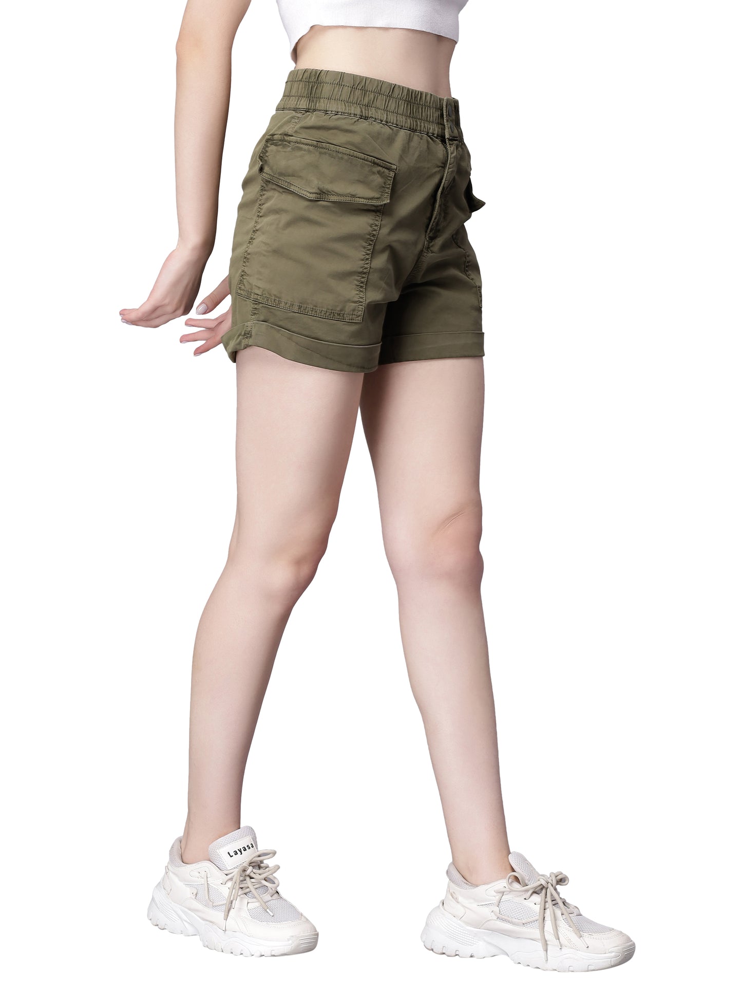 NUEVOSDAMAS Women Pure Cotton Cargo Yoga Shorts - Olive Green