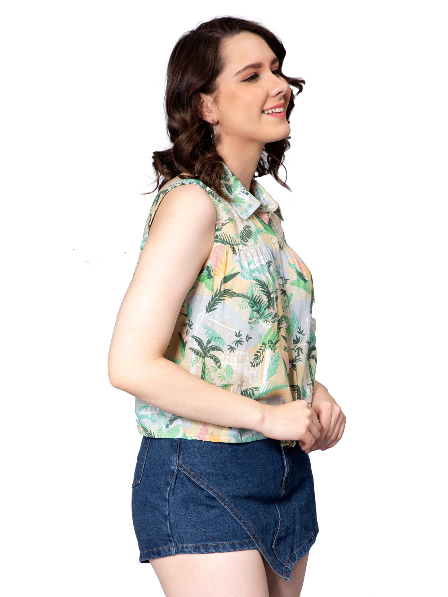 NUEVOSDAMAS Women Cotton Dobby Floral Printed Front Knot Multi/Green Sleeveless Shirt