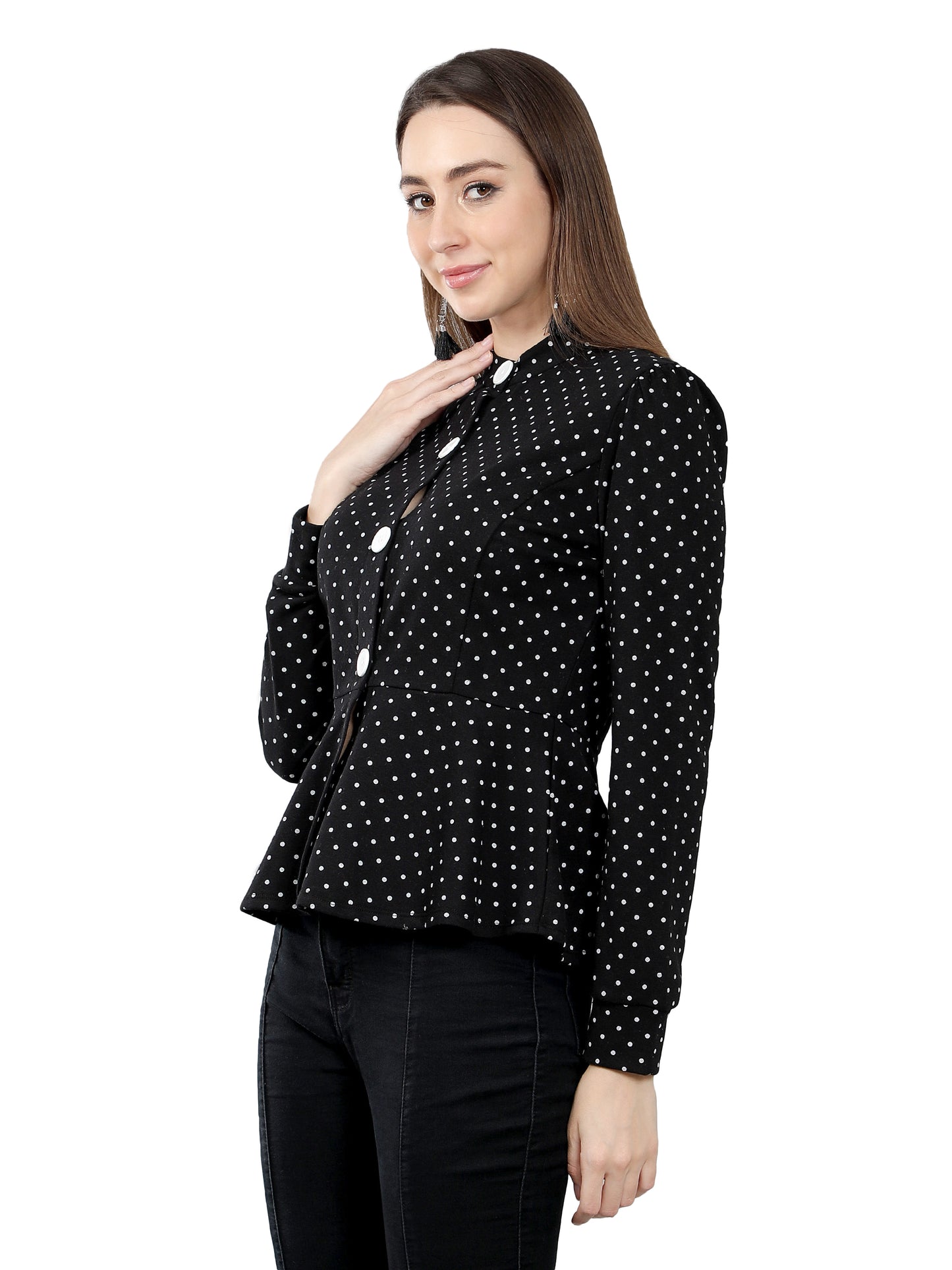 NUEVOSDAMAS Women Polka Dot Printed Peplum Jacket-Black