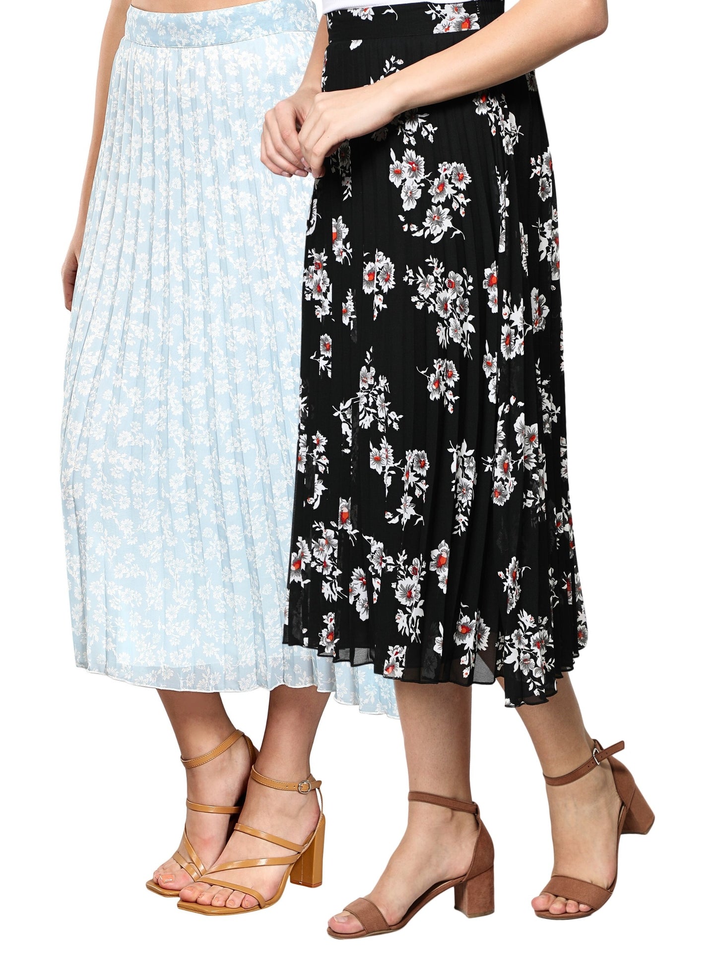Women Georgette Floral Printed Skirts - Pack of Two - Black and Sky Blue