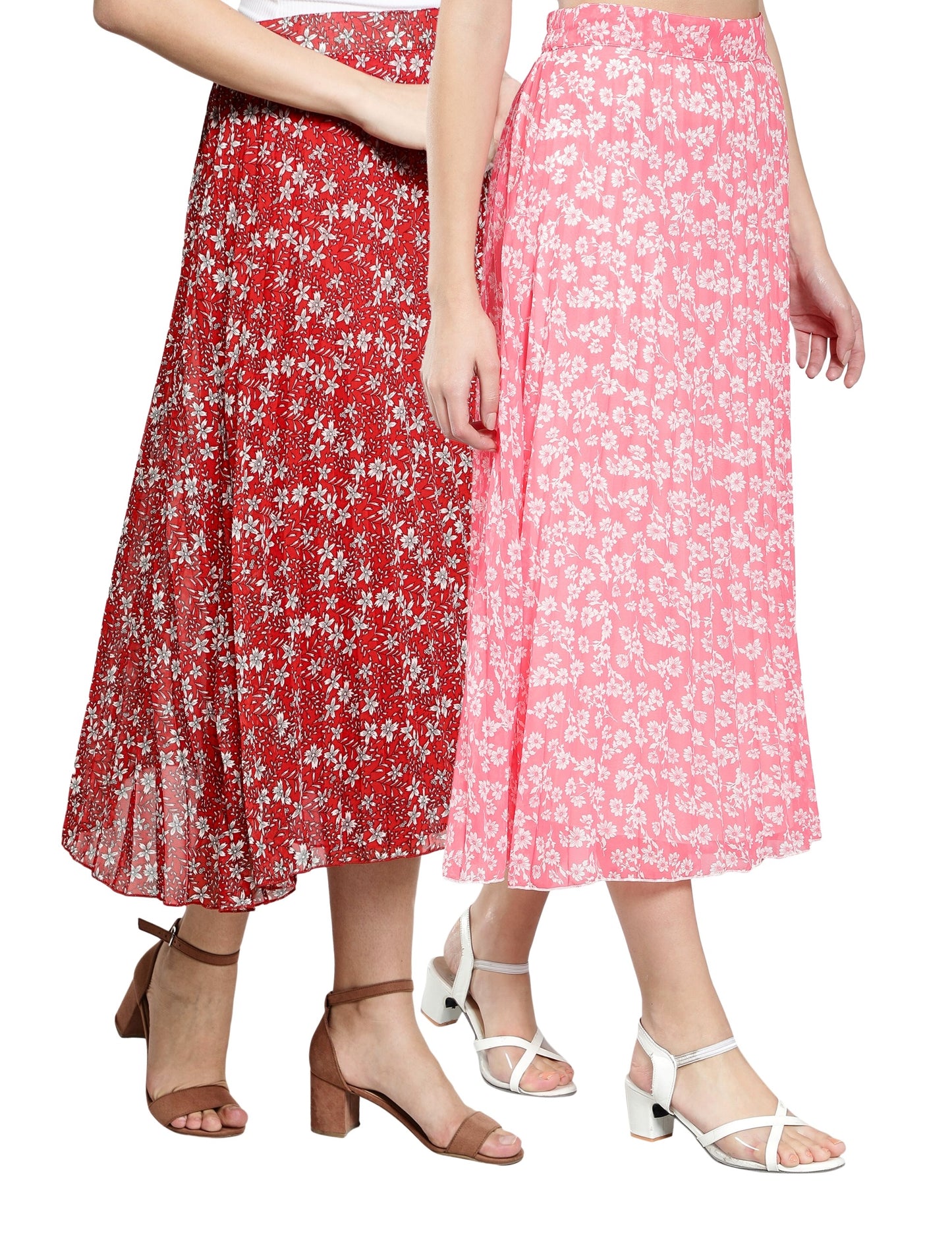 NUEVOSDAMAS Women Georgette Floral Printed Skirts-Pack of Two-Red and Pink