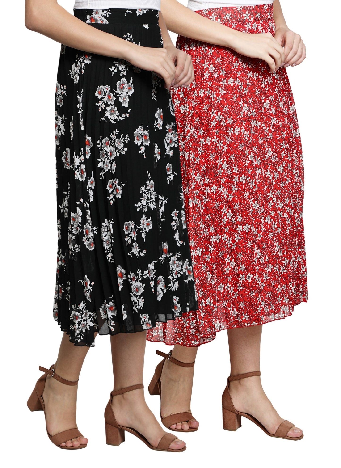 NUEVOSDAMAS Women Georgette Floral Printed Skirts-Pack of Two-Red and Black