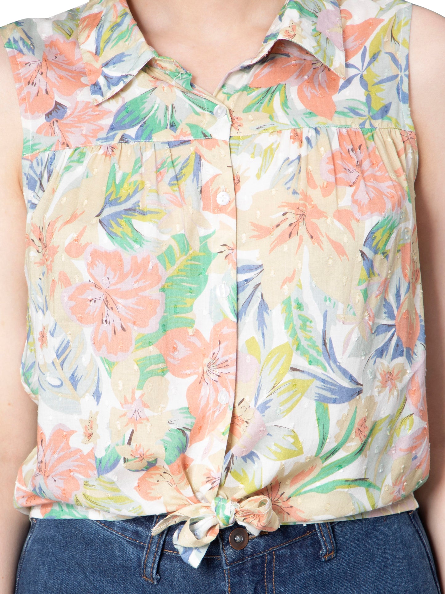 NUEVOSDAMAS Women Cotton Dobby Floral Printed Front Knot Multi/Orange Sleeveless Shirt