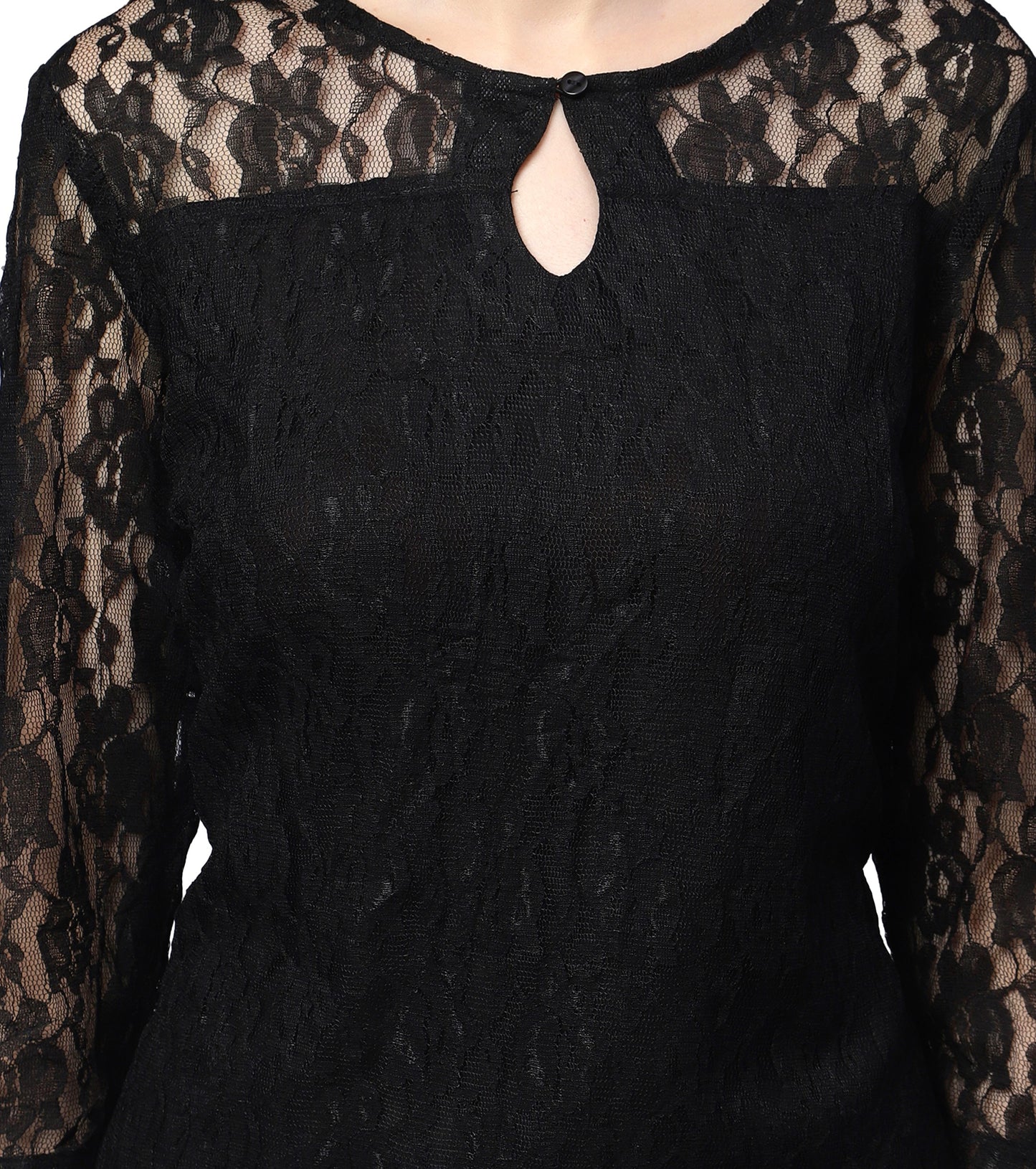 NUEVOSDAMAS Women Floral Lace Net Self Design Black Kurti