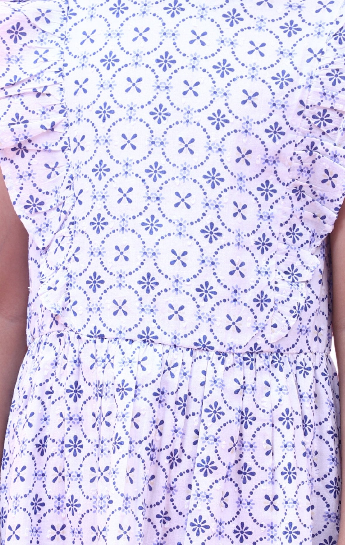 NUEVOSKIDDOS Kids Cotton Dobby Damask Printed Frock for Girl White/Blue
